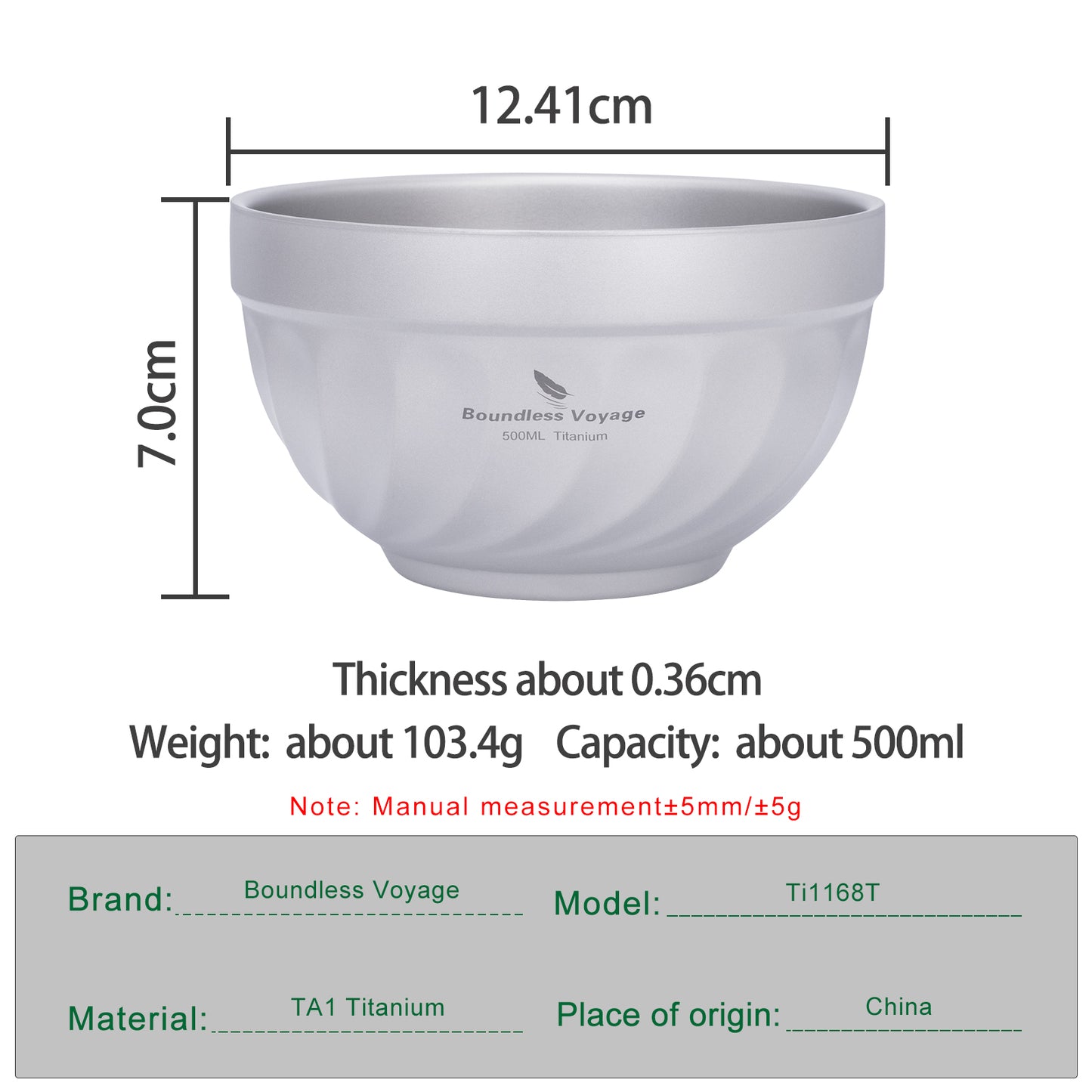 Boundless Voyage 500ml / 800ml Sandblasted Double Walled Pure Titanium Bowl | Ultralight Portable Dinnerware for Rice, Soup, Oatmeal, Yogurt, Camping & Travel Ti1168T-Ti1170T
