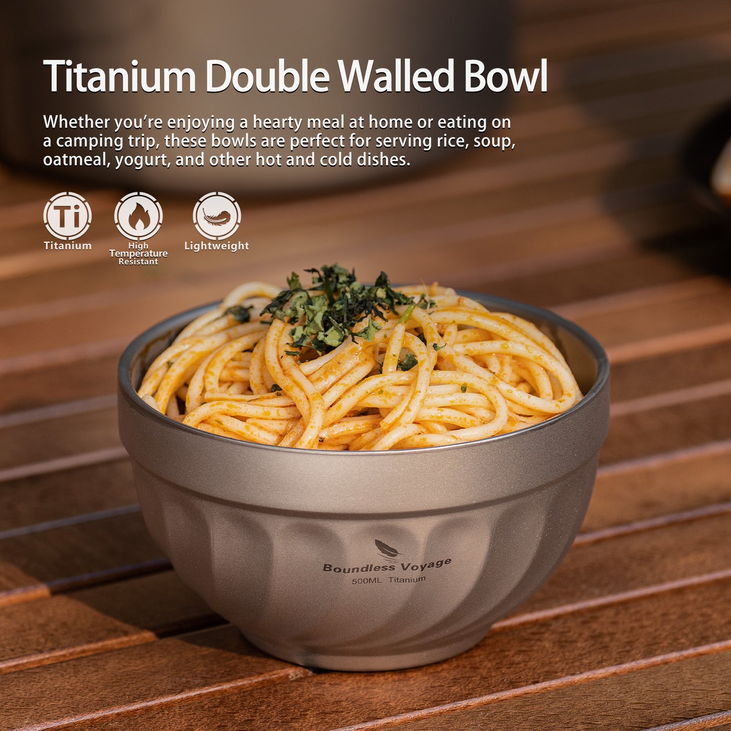 Boundless Voyage 500ml / 800ml Sandblasted Double Walled Pure Titanium Bowl | Ultralight Portable Dinnerware for Rice, Soup, Oatmeal, Yogurt, Camping & Travel Ti1168T-Ti1170T