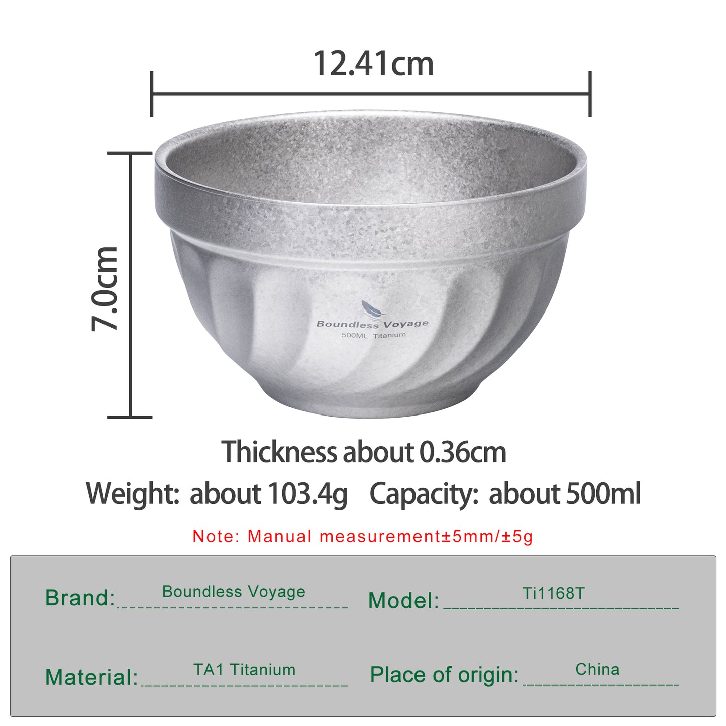 Boundless Voyage 500ml / 800ml High-Temp Crystallized Double Walled Pure Titanium Bowl | Ultralight Portable Dinnerware for Rice, Soup, Oatmeal, Yogurt, Camping & Travel Ti1168T-Ti1170T