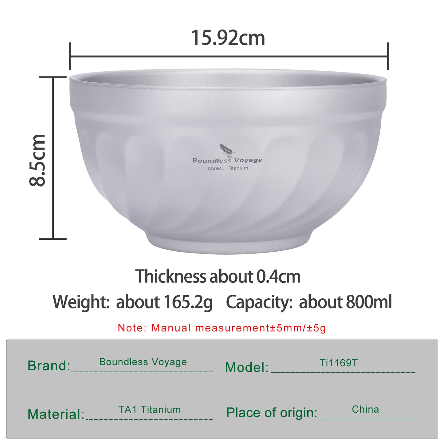 Boundless Voyage 500ml / 800ml Sandblasted Double Walled Pure Titanium Bowl | Ultralight Portable Dinnerware for Rice, Soup, Oatmeal, Yogurt, Camping & Travel Ti1168T-Ti1170T