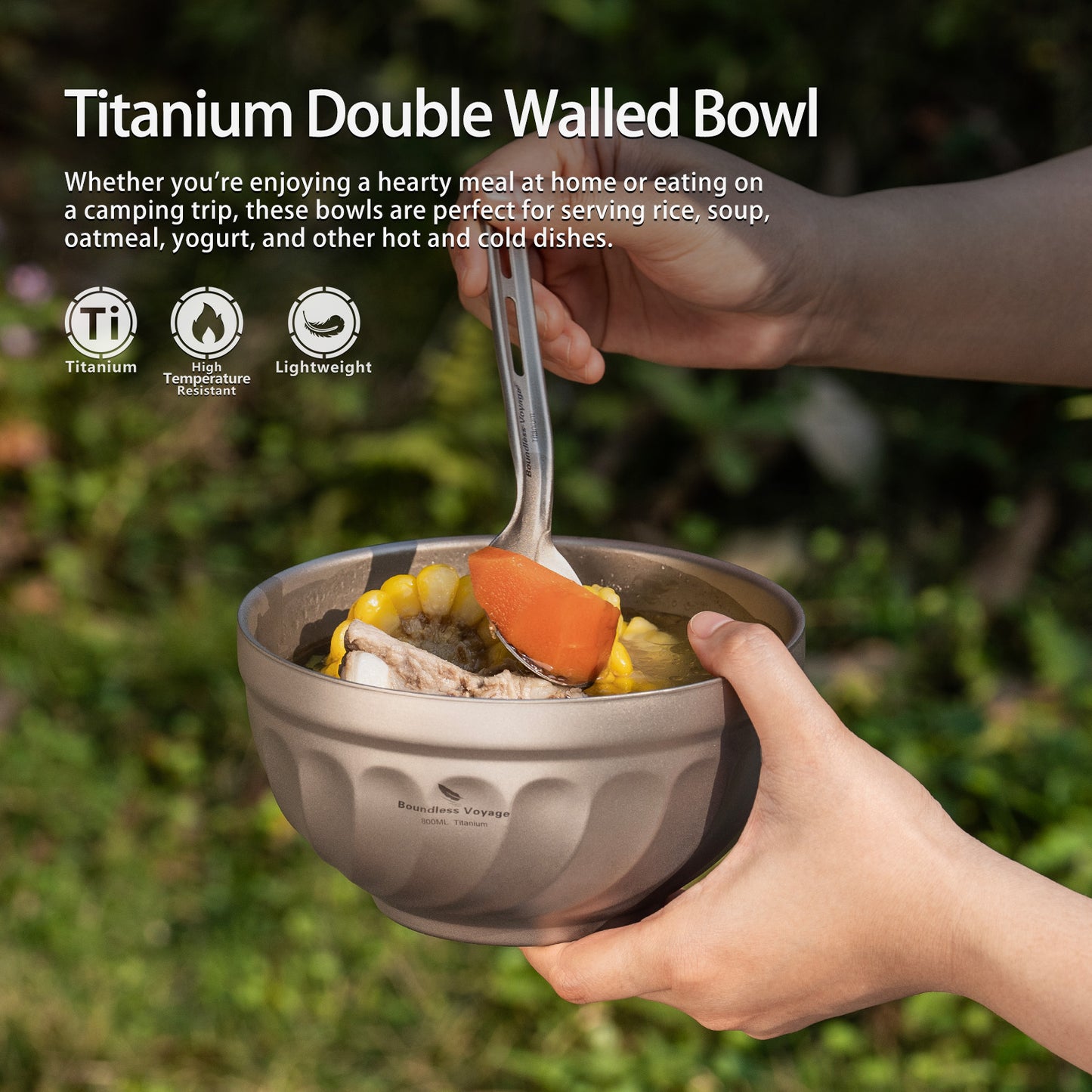 Boundless Voyage 500ml / 800ml Sandblasted Double Walled Pure Titanium Bowl | Ultralight Portable Dinnerware for Rice, Soup, Oatmeal, Yogurt, Camping & Travel Ti1168T-Ti1170T