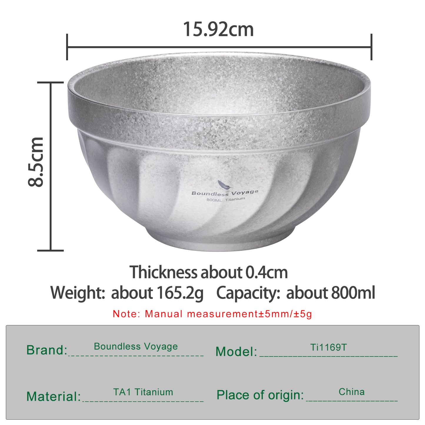 Boundless Voyage 500ml / 800ml High-Temp Crystallized Double Walled Pure Titanium Bowl | Ultralight Portable Dinnerware for Rice, Soup, Oatmeal, Yogurt, Camping & Travel Ti1168T-Ti1170T
