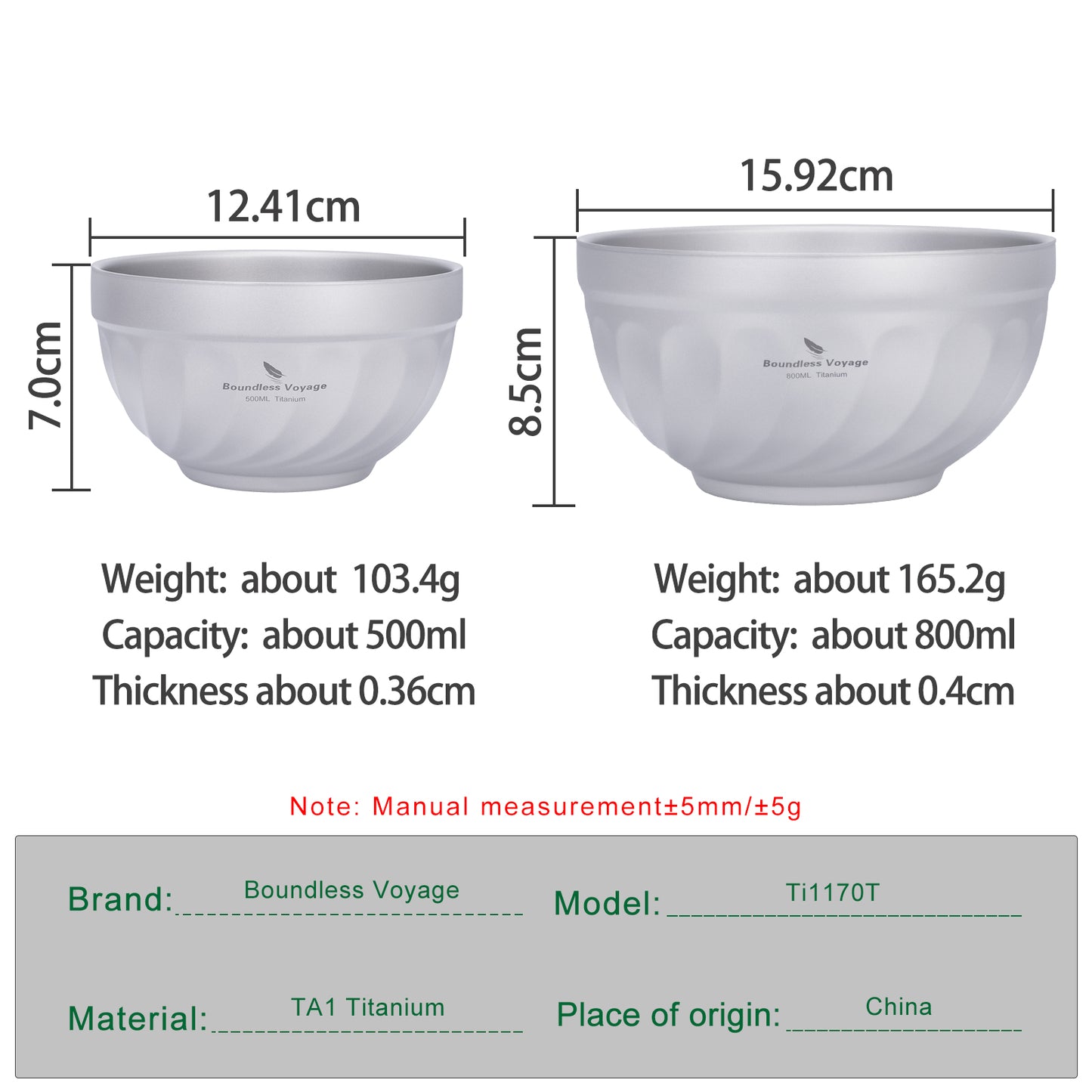 Boundless Voyage 500ml / 800ml Sandblasted Double Walled Pure Titanium Bowl | Ultralight Portable Dinnerware for Rice, Soup, Oatmeal, Yogurt, Camping & Travel Ti1168T-Ti1170T