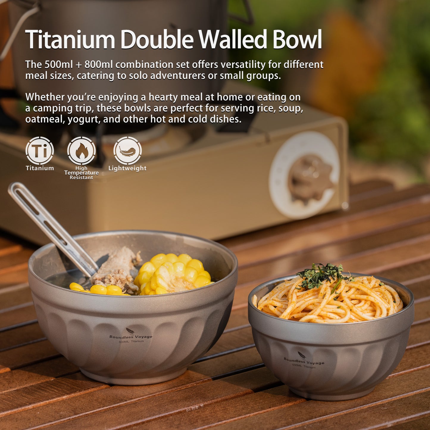 Boundless Voyage 500ml / 800ml Sandblasted Double Walled Pure Titanium Bowl | Ultralight Portable Dinnerware for Rice, Soup, Oatmeal, Yogurt, Camping & Travel Ti1168T-Ti1170T