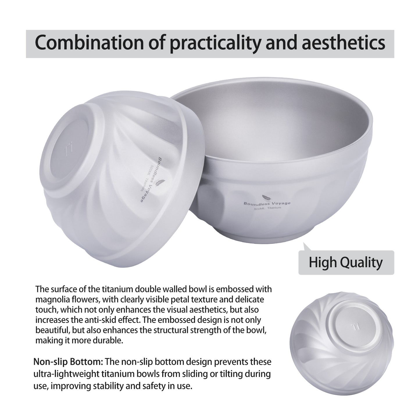 Boundless Voyage 500ml / 800ml Sandblasted Double Walled Pure Titanium Bowl | Ultralight Portable Dinnerware for Rice, Soup, Oatmeal, Yogurt, Camping & Travel Ti1168T-Ti1170T