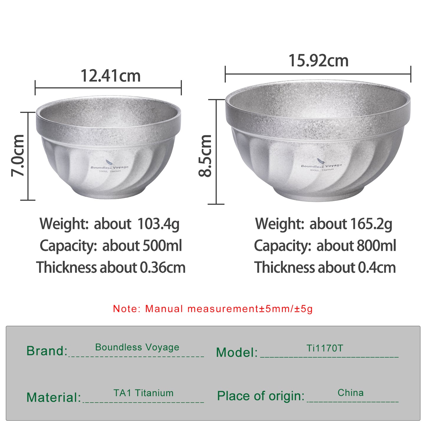 Boundless Voyage 500ml / 800ml High-Temp Crystallized Double Walled Pure Titanium Bowl | Ultralight Portable Dinnerware for Rice, Soup, Oatmeal, Yogurt, Camping & Travel Ti1168T-Ti1170T