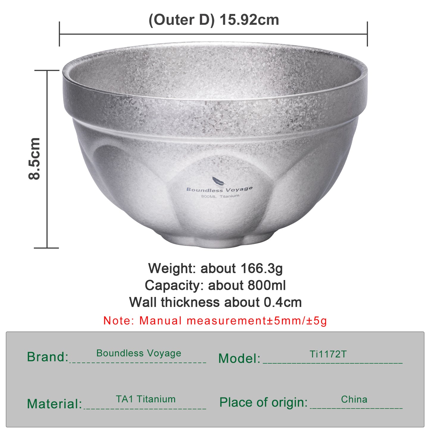 Boundless Voyage Crystallized Double Walled Pure Titanium Bowl 500ml / 800ml | Ultralight Durable Portable Serving Tableware for Rice, Soup, Oatmeal, Yogurt, Camping & Travel Ti1171T-Ti1173T