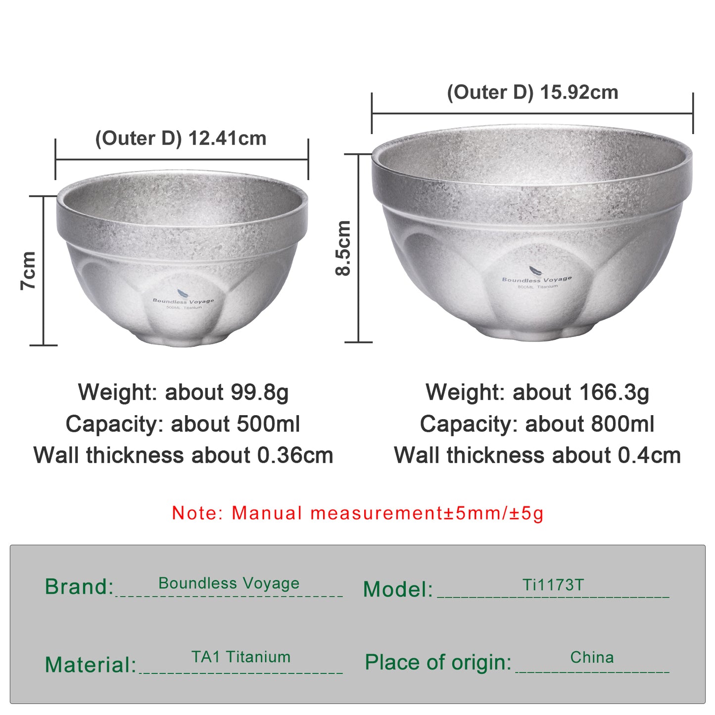 Boundless Voyage Crystallized Double Walled Pure Titanium Bowl 500ml / 800ml | Ultralight Durable Portable Serving Tableware for Rice, Soup, Oatmeal, Yogurt, Camping & Travel Ti1171T-Ti1173T