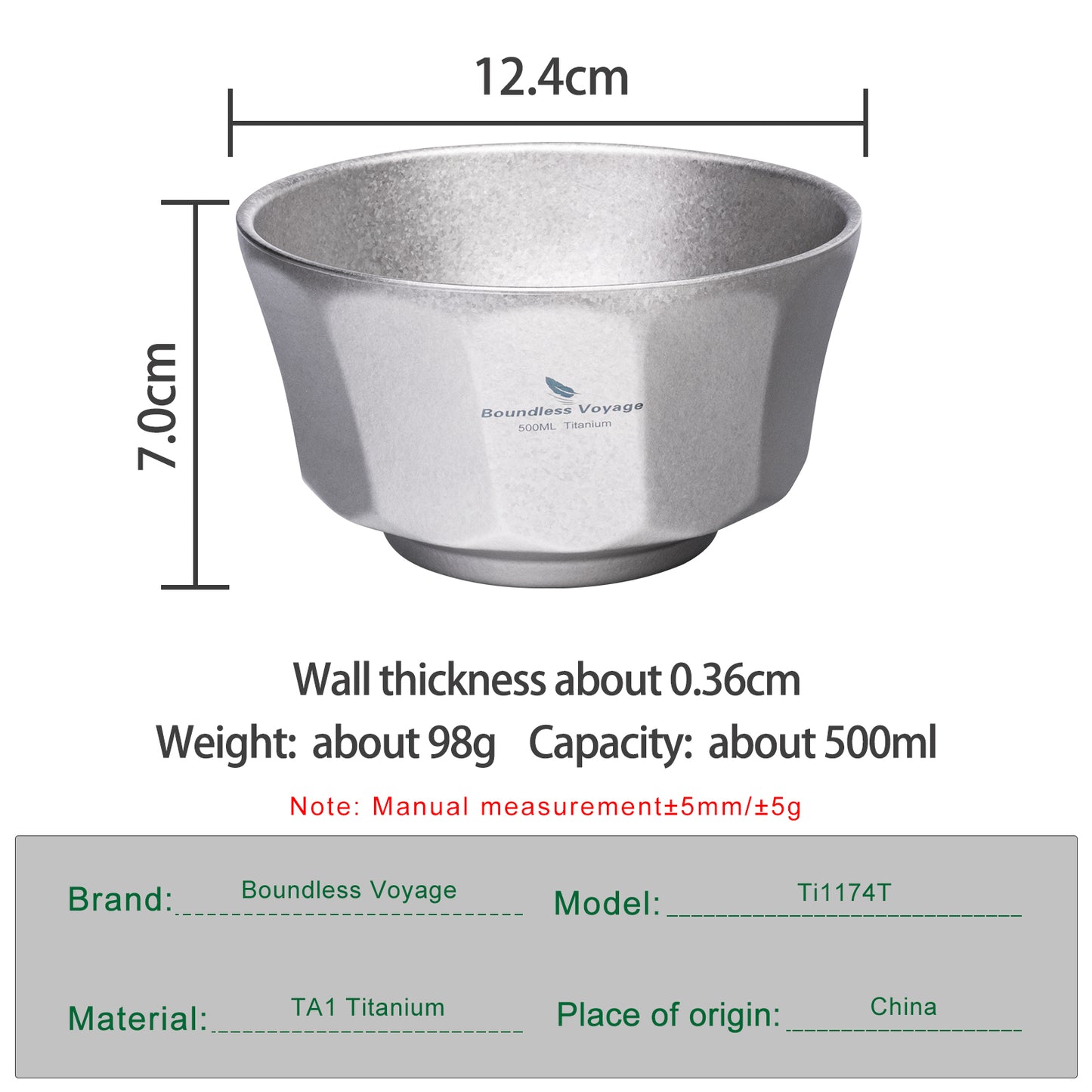 Boundless Voyage High-Temp Crystallized Double-Walled Pure Titanium Bowl 500ml & 800ml | Anti-Scald Lightweight Rust-Proof Tableware for Camping, Hiking, Outdoor & Daily Home Use Ti1174T-Ti1176T