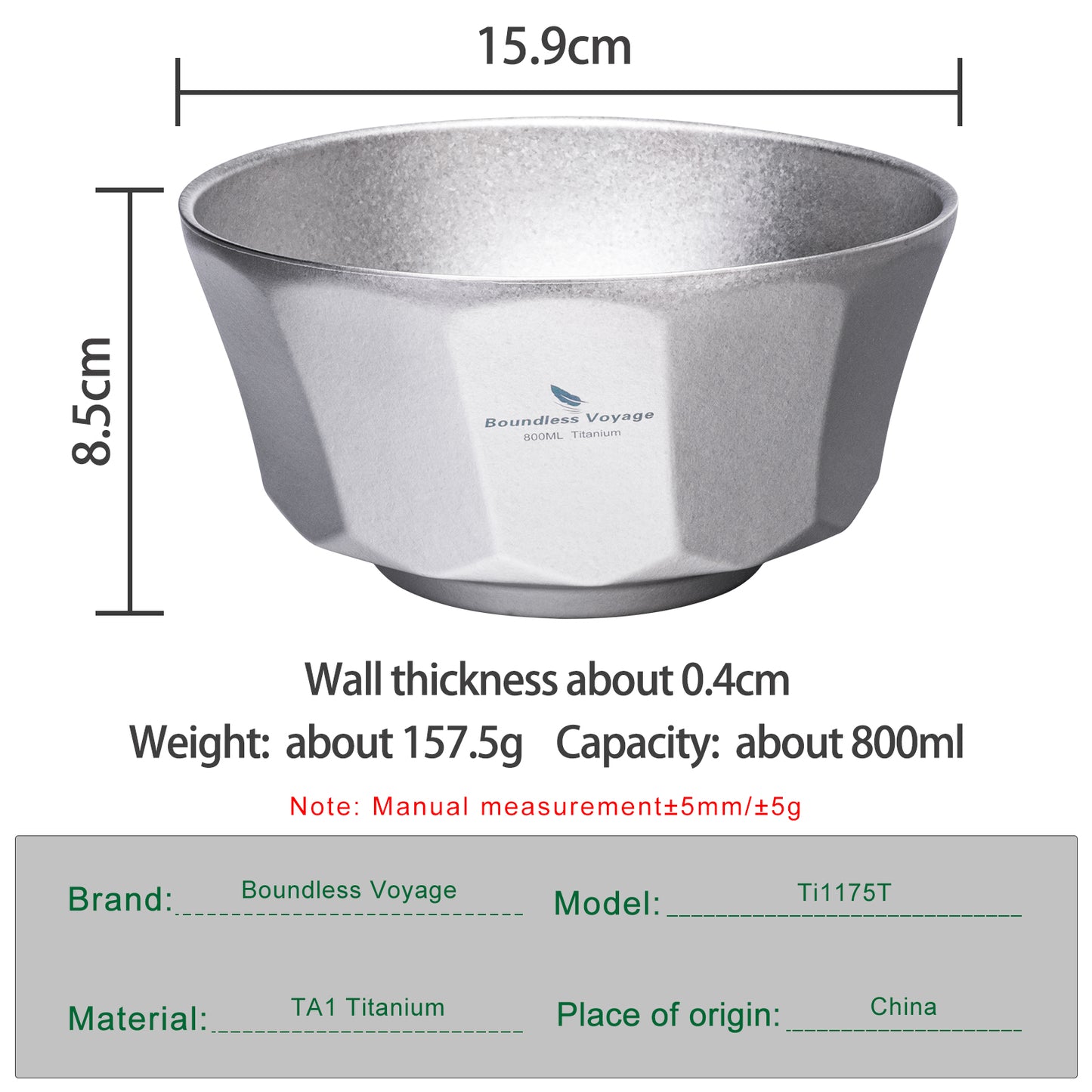 Boundless Voyage High-Temp Crystallized Double-Walled Pure Titanium Bowl 500ml & 800ml | Anti-Scald Lightweight Rust-Proof Tableware for Camping, Hiking, Outdoor & Daily Home Use Ti1174T-Ti1176T