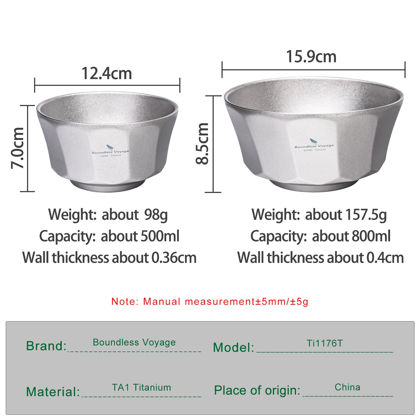 Boundless Voyage High-Temp Crystallized Double-Walled Pure Titanium Bowl 500ml & 800ml | Anti-Scald Lightweight Rust-Proof Tableware for Camping, Hiking, Outdoor & Daily Home Use Ti1174T-Ti1176T