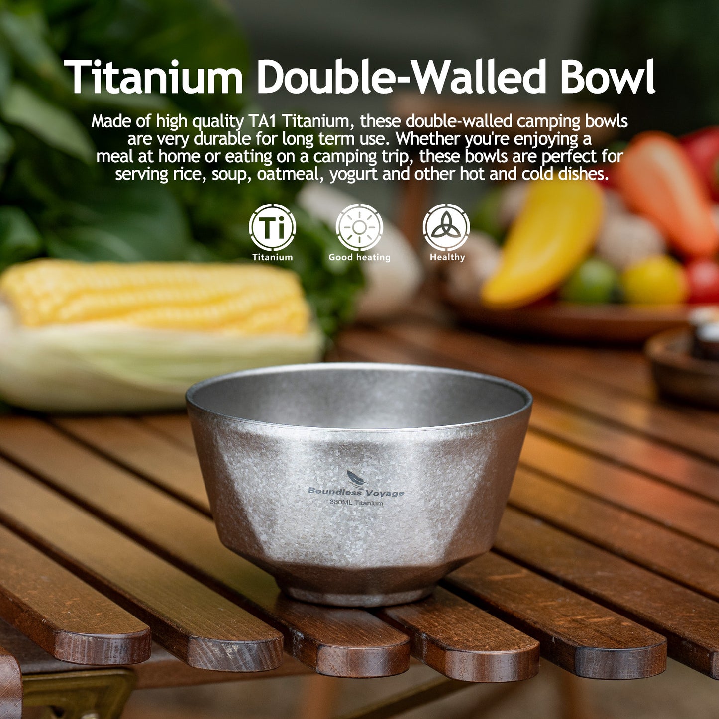 Boundless Voyage Double Walled Pure Titanium Bowl  with High-Temp Crystallized Ice Texture Finish | Ultralight Portable Dinnerware for Rice, Soup, Oatmeal, Yogurt, Camping & Travel Ti1177T-Ti1179T