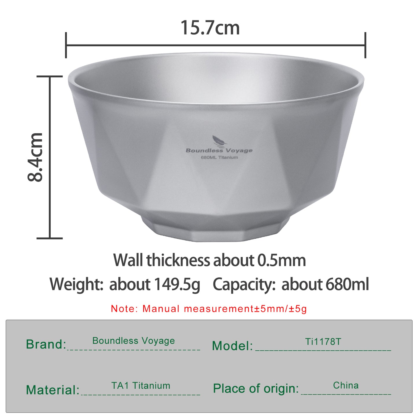 Boundless Voyage Double Walled Pure Titanium Bowl with Sand-Blast Matte Finish | Ultralight Portable Dinnerware for Rice, Soup, Oatmeal, Yogurt, Camping & Travel Ti1177T-Ti1179T
