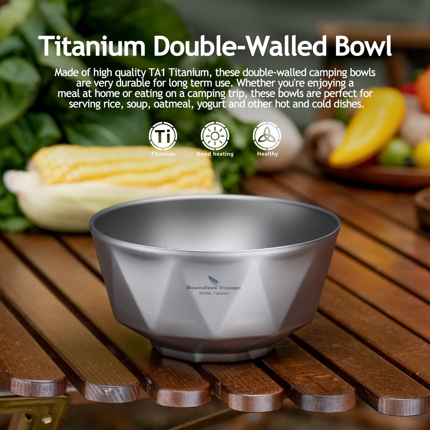 Boundless Voyage Double Walled Pure Titanium Bowl with Sand-Blast Matte Finish | Ultralight Portable Dinnerware for Rice, Soup, Oatmeal, Yogurt, Camping & Travel Ti1177T-Ti1179T