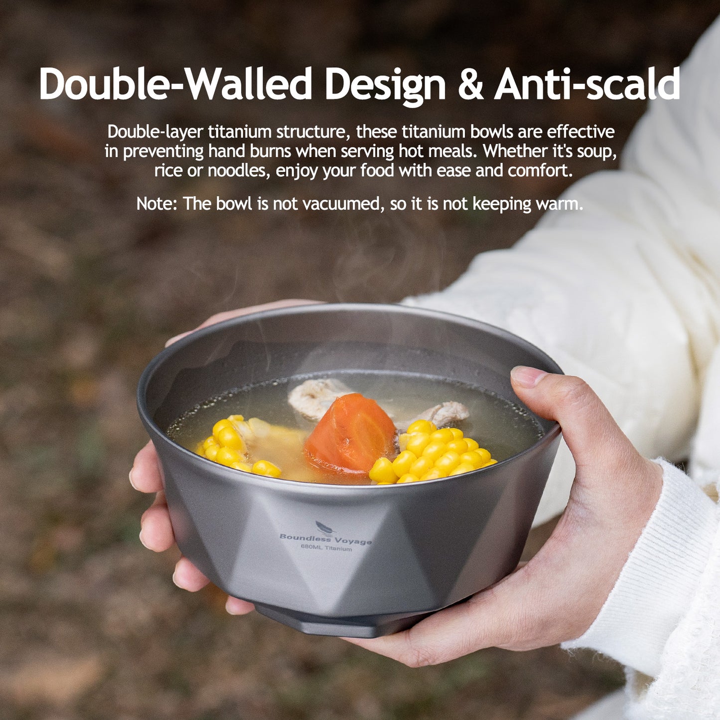Boundless Voyage Double Walled Pure Titanium Bowl with Sand-Blast Matte Finish | Ultralight Portable Dinnerware for Rice, Soup, Oatmeal, Yogurt, Camping & Travel Ti1177T-Ti1179T