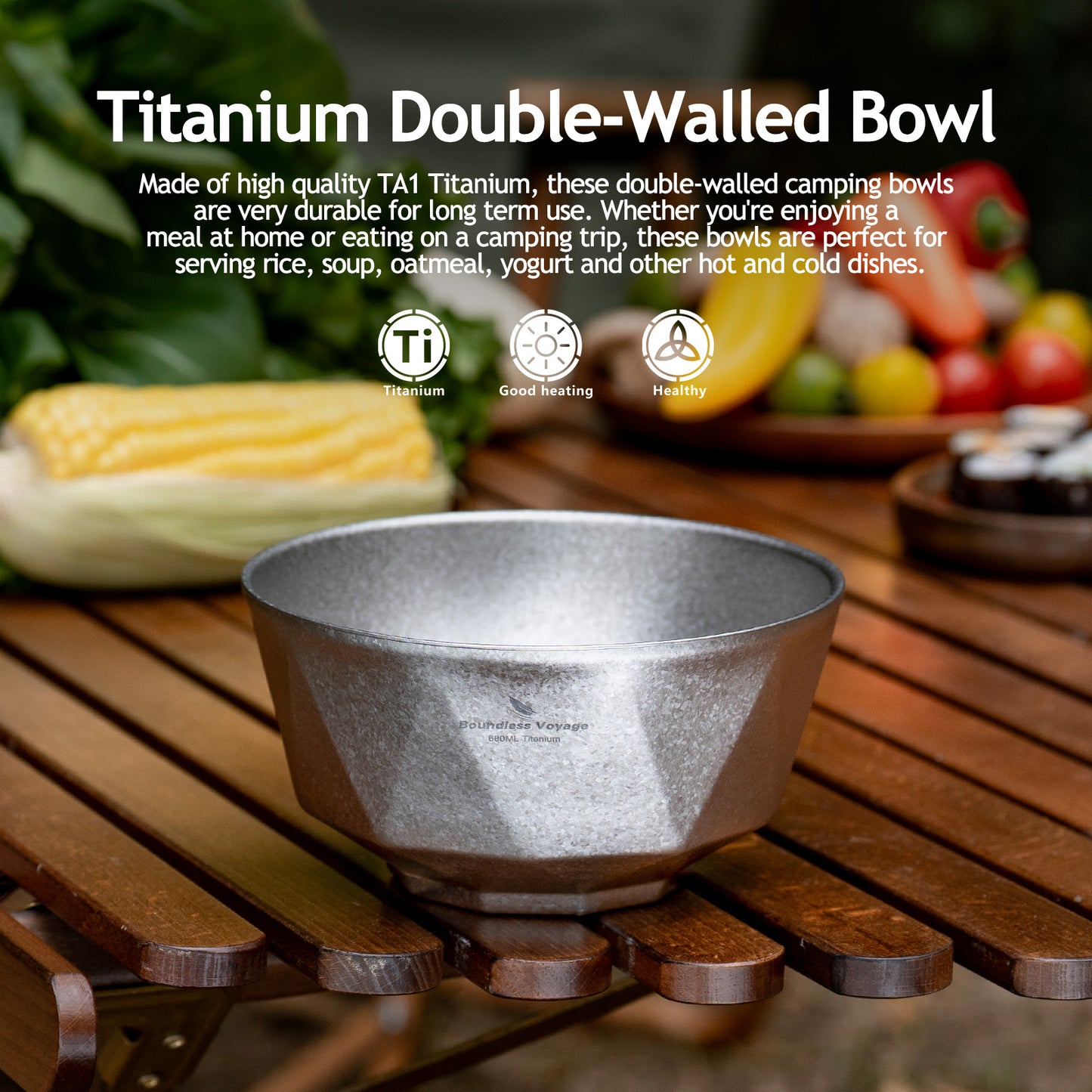 Boundless Voyage Double Walled Pure Titanium Bowl  with High-Temp Crystallized Ice Texture Finish | Ultralight Portable Dinnerware for Rice, Soup, Oatmeal, Yogurt, Camping & Travel Ti1177T-Ti1179T