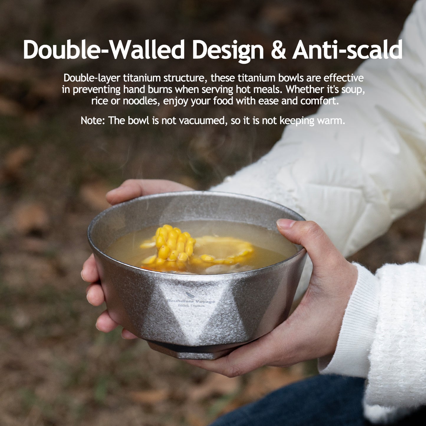 Boundless Voyage Double Walled Pure Titanium Bowl  with High-Temp Crystallized Ice Texture Finish | Ultralight Portable Dinnerware for Rice, Soup, Oatmeal, Yogurt, Camping & Travel Ti1177T-Ti1179T