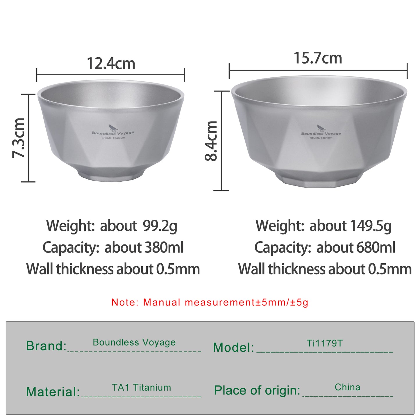 Boundless Voyage Double Walled Pure Titanium Bowl with Sand-Blast Matte Finish | Ultralight Portable Dinnerware for Rice, Soup, Oatmeal, Yogurt, Camping & Travel Ti1177T-Ti1179T