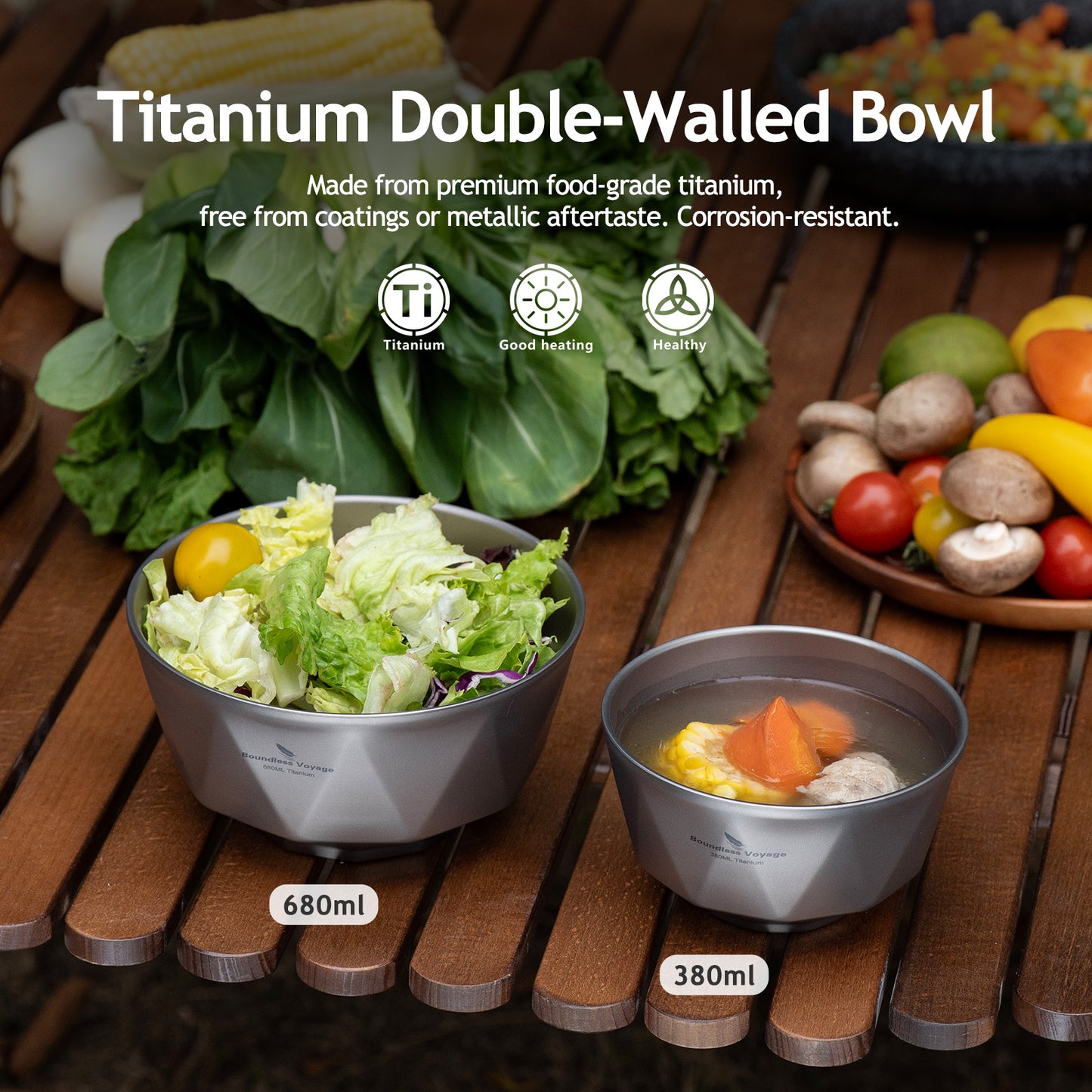 Boundless Voyage Double Walled Pure Titanium Bowl with Sand-Blast Matte Finish | Ultralight Portable Dinnerware for Rice, Soup, Oatmeal, Yogurt, Camping & Travel Ti1177T-Ti1179T