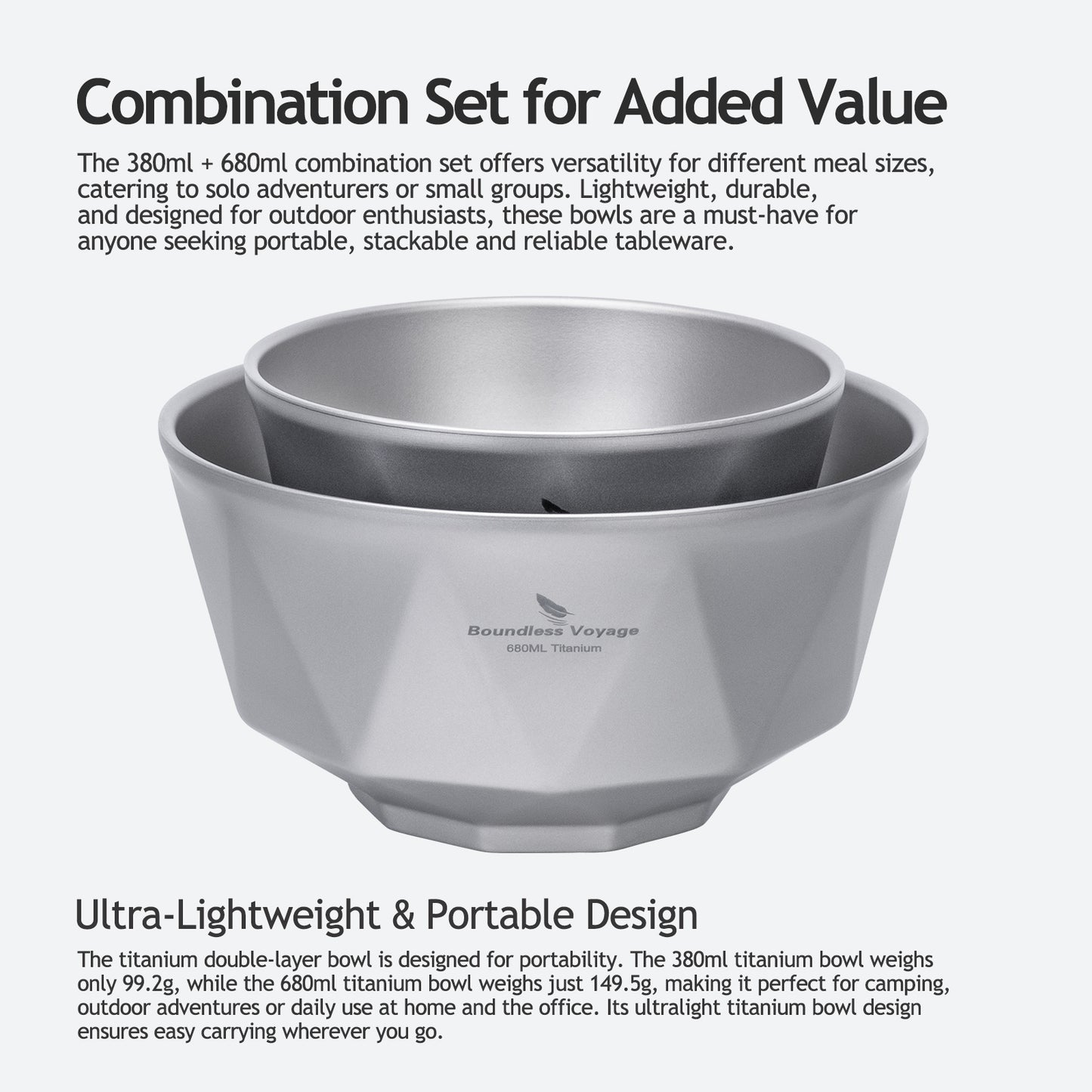 Boundless Voyage Double Walled Pure Titanium Bowl with Sand-Blast Matte Finish | Ultralight Portable Dinnerware for Rice, Soup, Oatmeal, Yogurt, Camping & Travel Ti1177T-Ti1179T