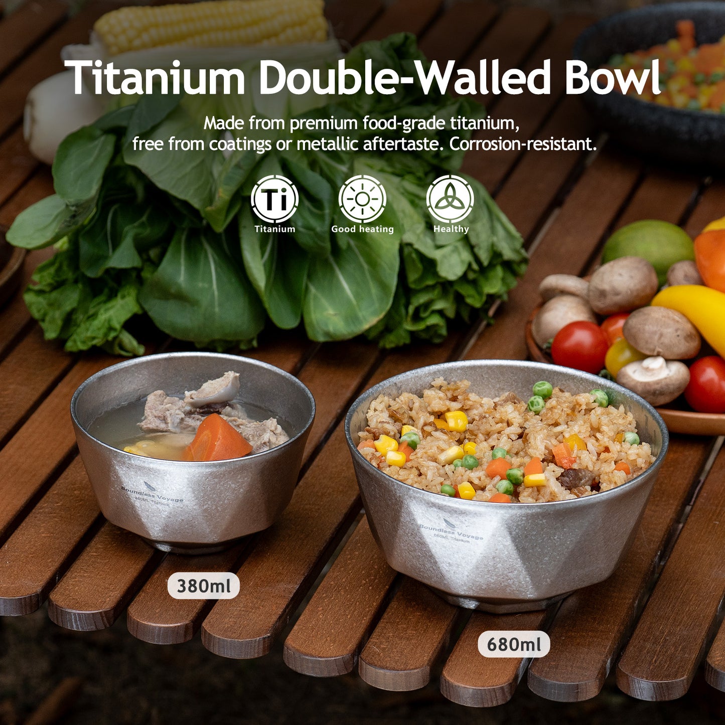 Boundless Voyage Double Walled Pure Titanium Bowl  with High-Temp Crystallized Ice Texture Finish | Ultralight Portable Dinnerware for Rice, Soup, Oatmeal, Yogurt, Camping & Travel Ti1177T-Ti1179T