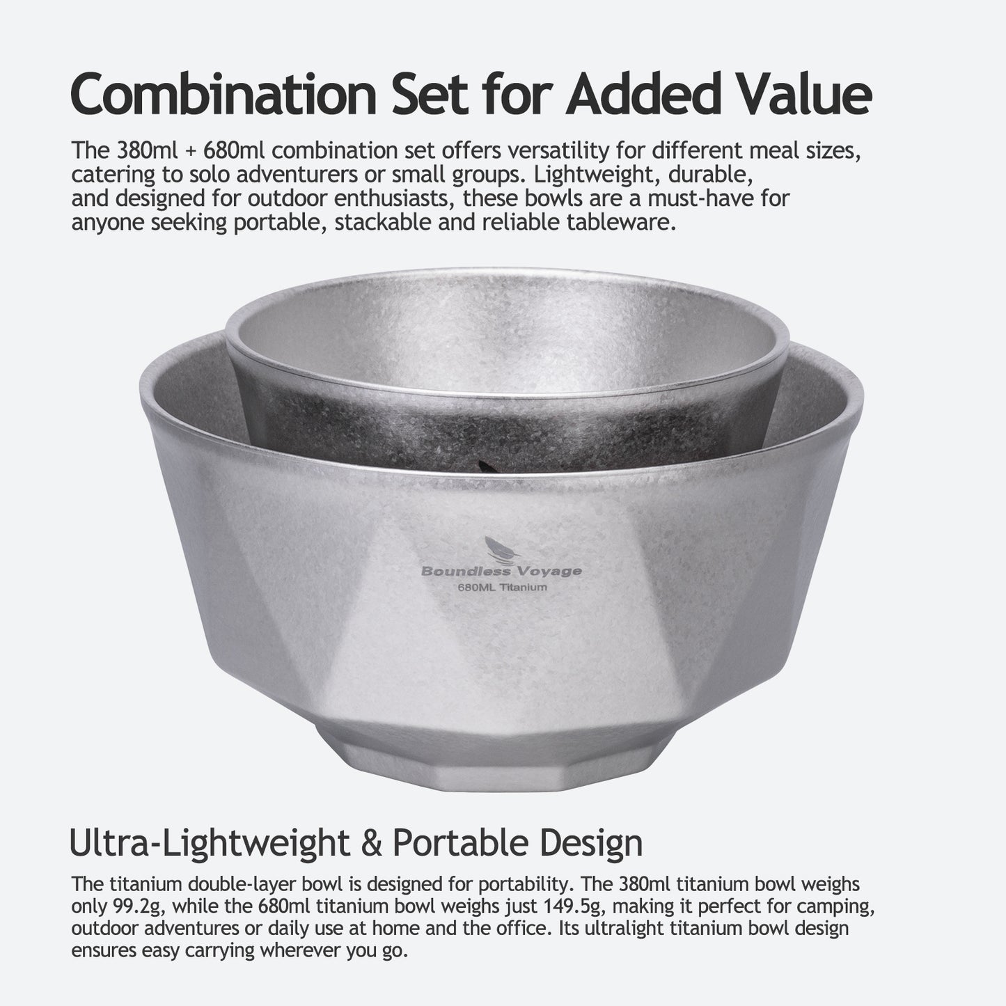 Boundless Voyage Double Walled Pure Titanium Bowl  with High-Temp Crystallized Ice Texture Finish | Ultralight Portable Dinnerware for Rice, Soup, Oatmeal, Yogurt, Camping & Travel Ti1177T-Ti1179T