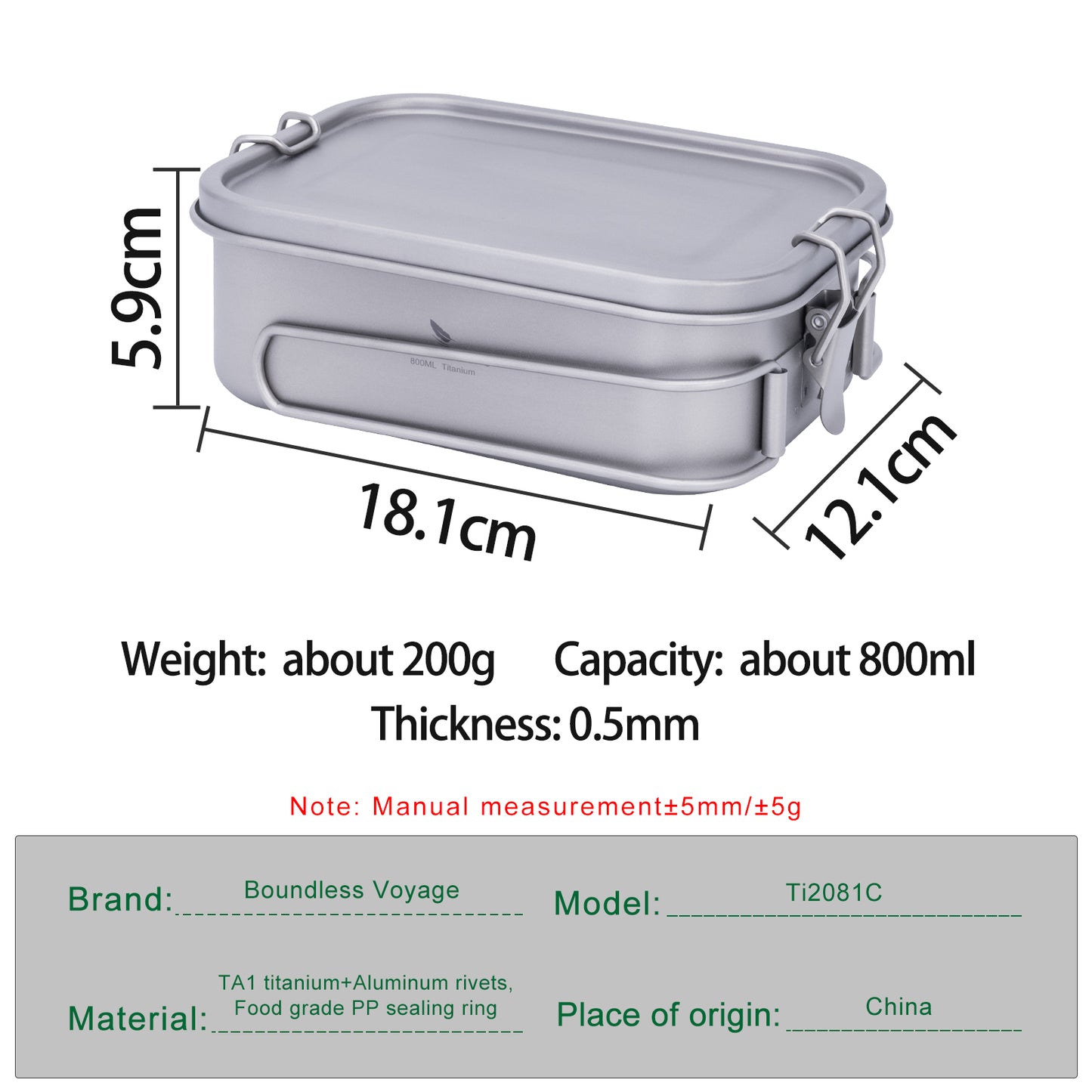 Boundless Voyage 800ml Titanium Mess Tin with Lid & Anti-Scalding Handle, Multi-Purpose Outdoor Camping Cookware Can Be Used as Lunch Box, Bowl and Pan Ti2081C