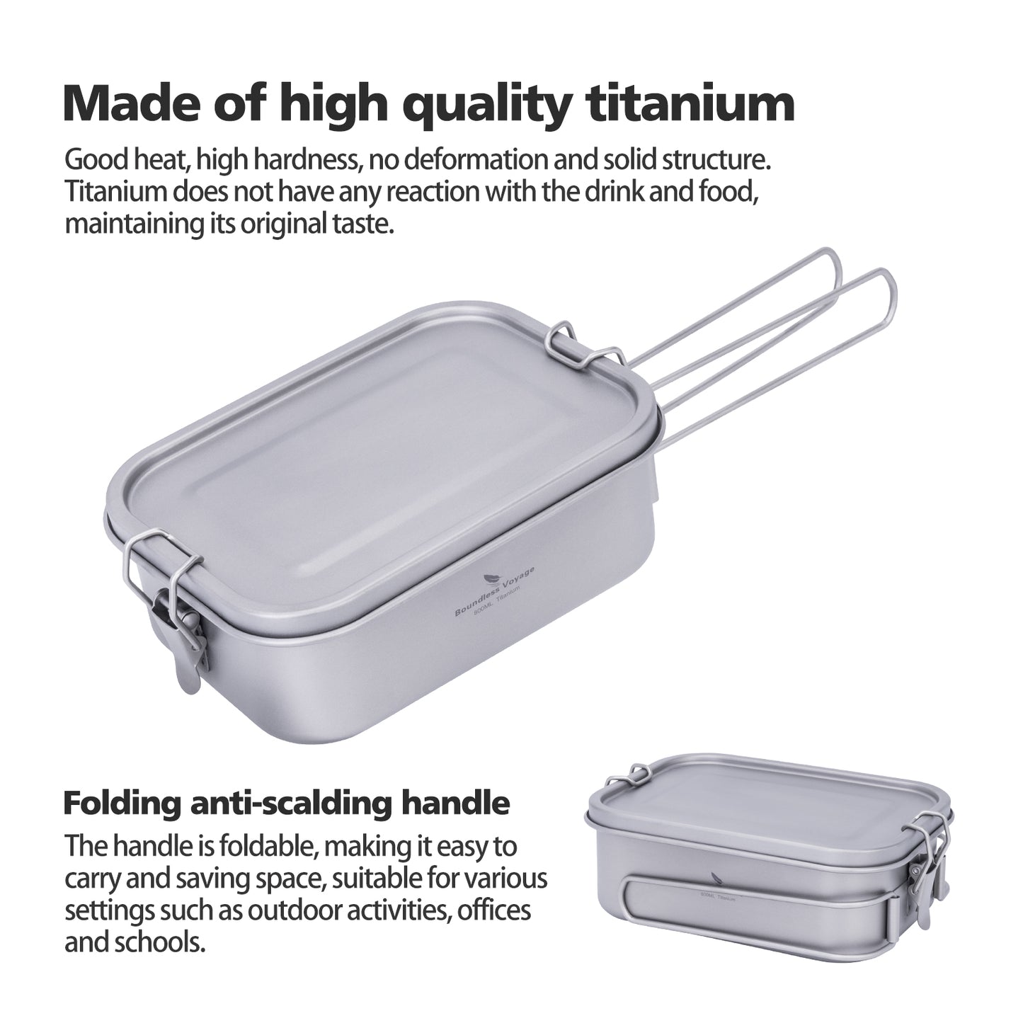 Boundless Voyage 800ml Titanium Mess Tin with Lid & Anti-Scalding Handle, Multi-Purpose Outdoor Camping Cookware Can Be Used as Lunch Box, Bowl and Pan Ti2081C