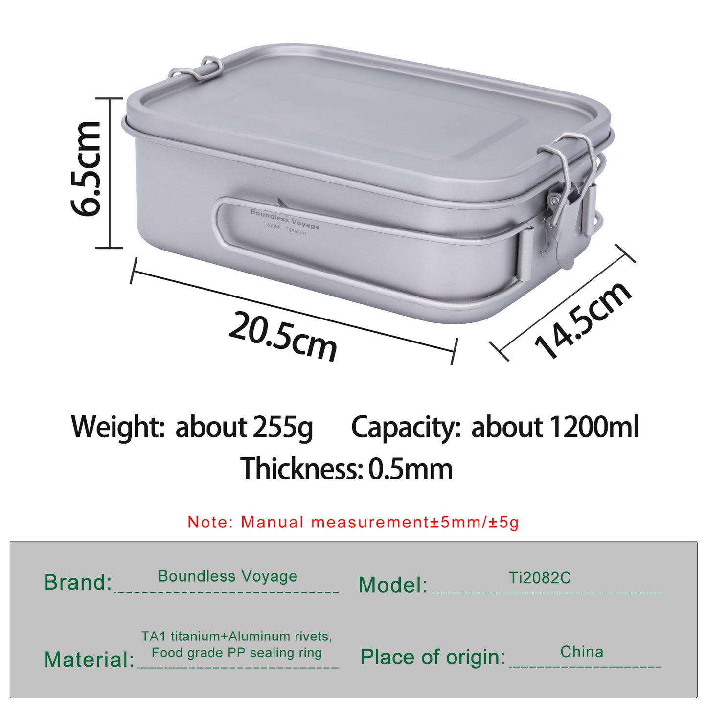 Boundless Voyage 1200ml Titanium Mess Tin with Lid & Anti-Scalding Handle, Multi-Purpose Outdoor Camping Cookware Can Be Used as Lunch Box, Bowl and Pan Ti2082C