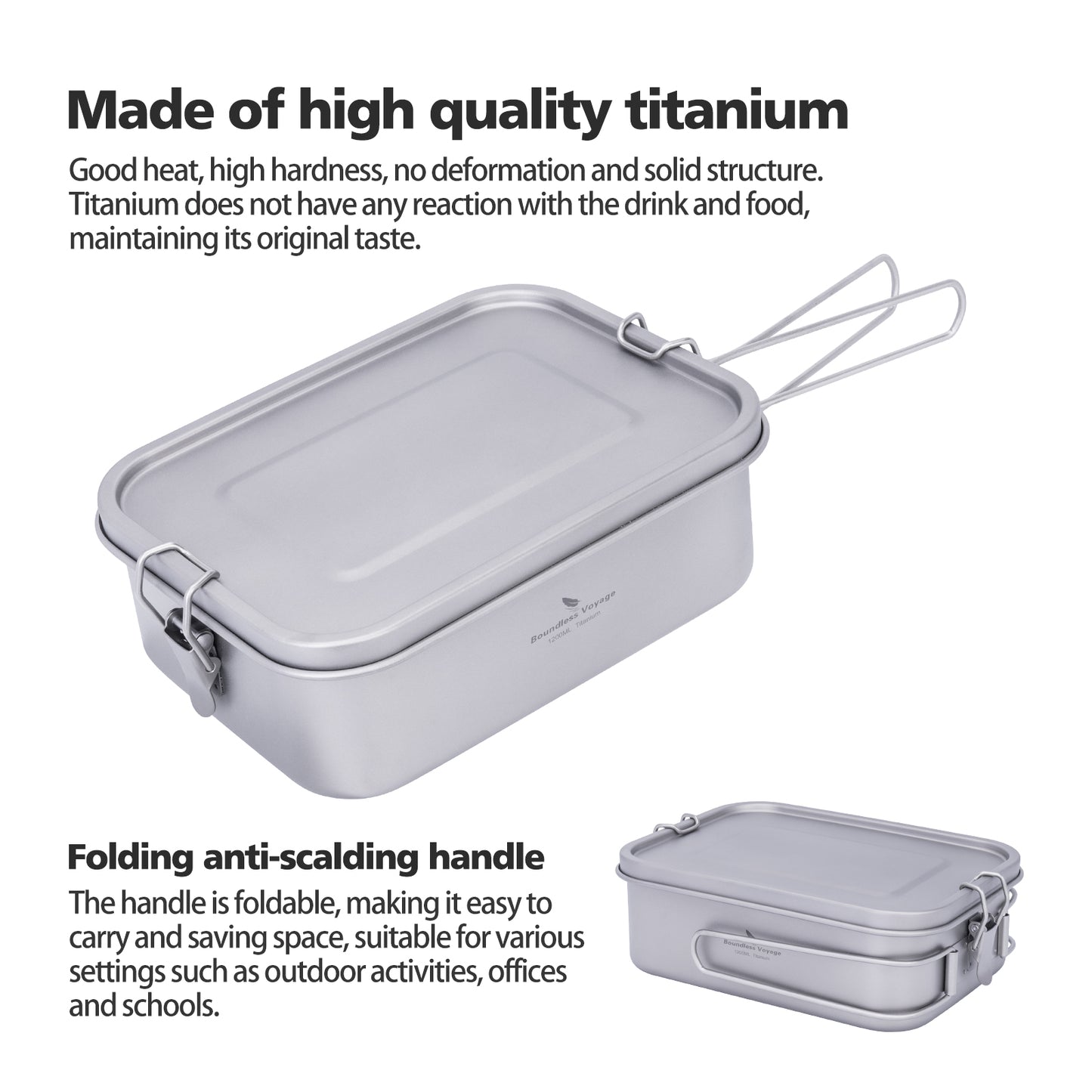 Boundless Voyage 1200ml Titanium Mess Tin with Lid & Anti-Scalding Handle, Multi-Purpose Outdoor Camping Cookware Can Be Used as Lunch Box, Bowl and Pan Ti2082C