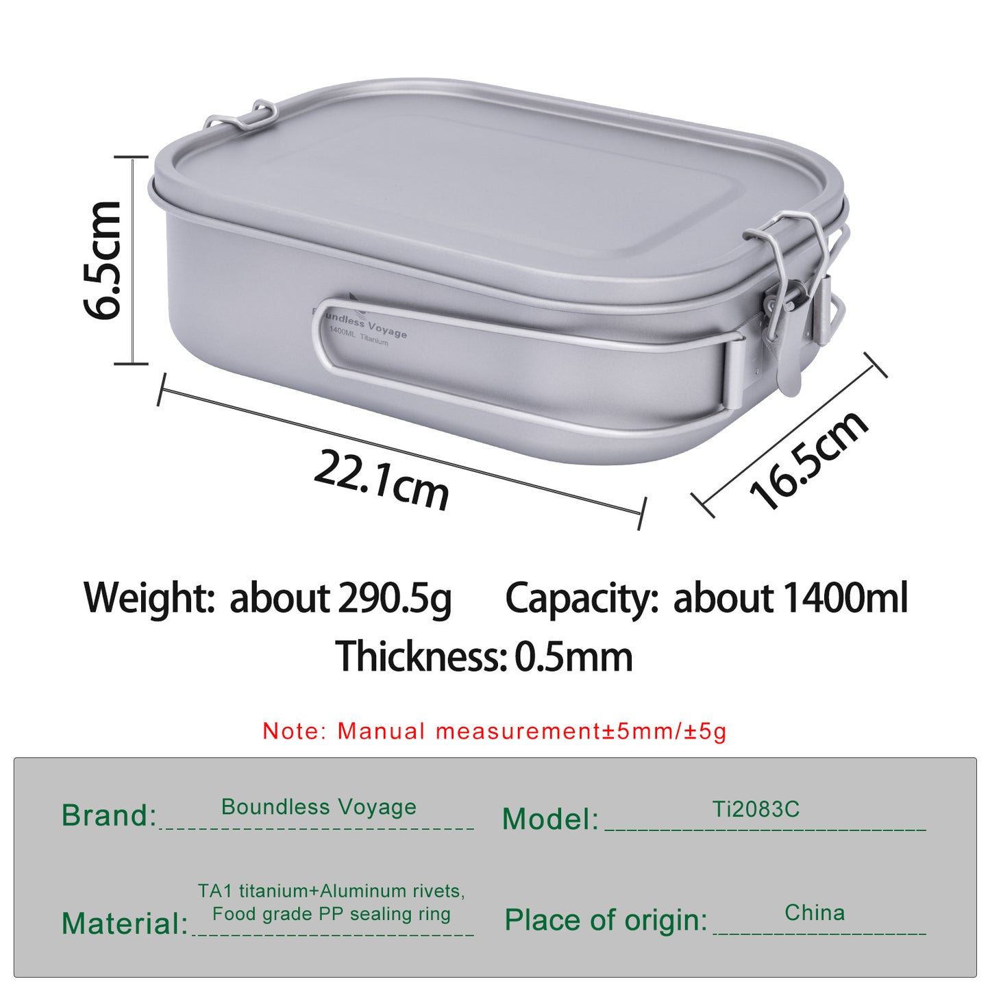 Boundless Voyage 1400ml Titanium Mess Tin with Lid & Anti-Scalding Handle, Multi-Purpose Outdoor Camping Cookware Can Be Used as Lunch Box, Bowl and Pan Ti2083C