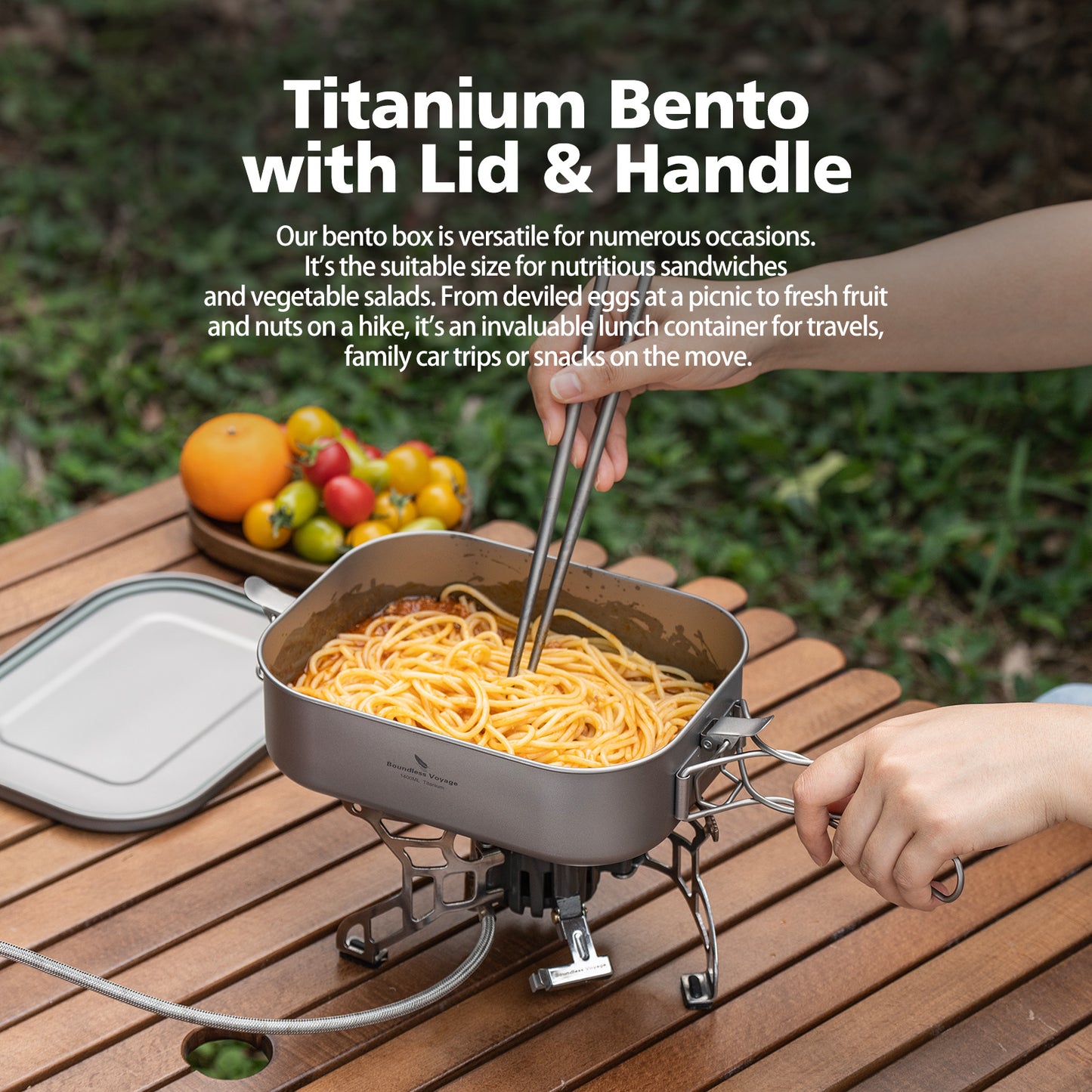 Boundless Voyage 1400ml Titanium Mess Tin with Lid & Anti-Scalding Handle, Multi-Purpose Outdoor Camping Cookware Can Be Used as Lunch Box, Bowl and Pan Ti2083C