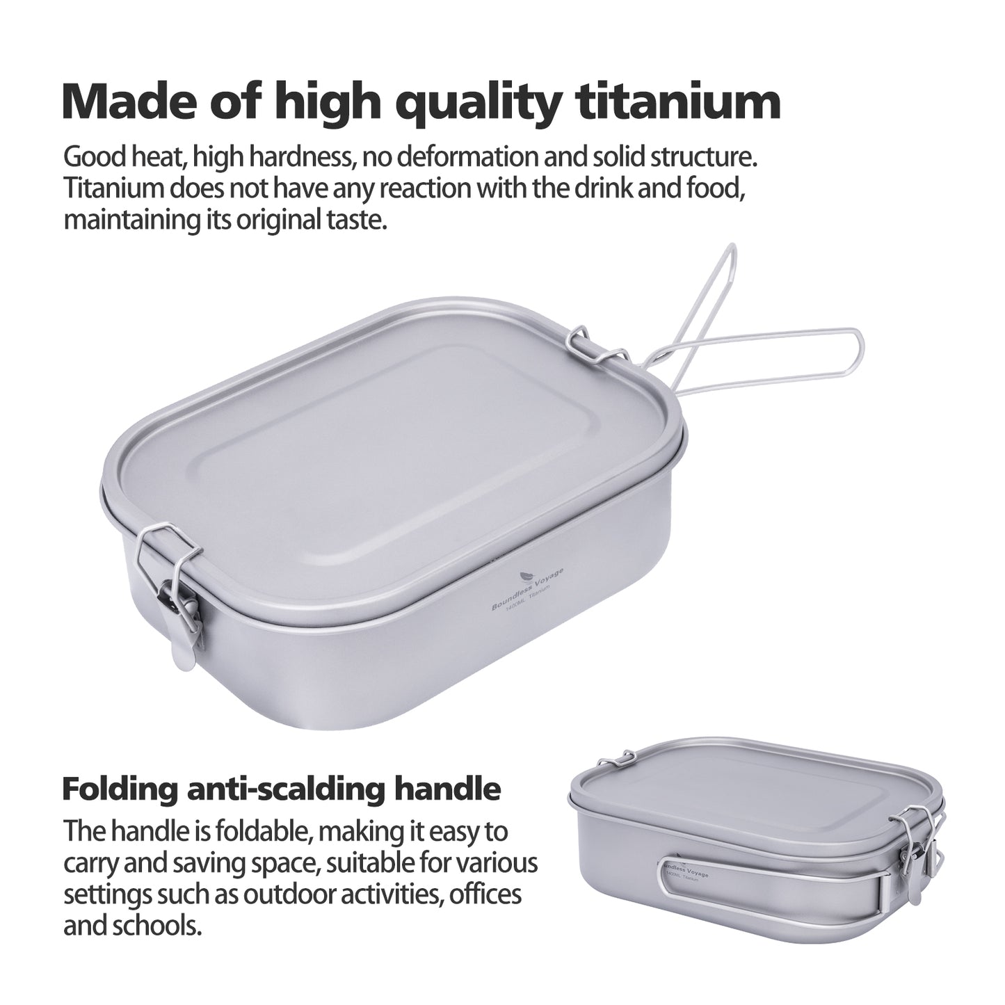 Boundless Voyage 1400ml Titanium Mess Tin with Lid & Anti-Scalding Handle, Multi-Purpose Outdoor Camping Cookware Can Be Used as Lunch Box, Bowl and Pan Ti2083C