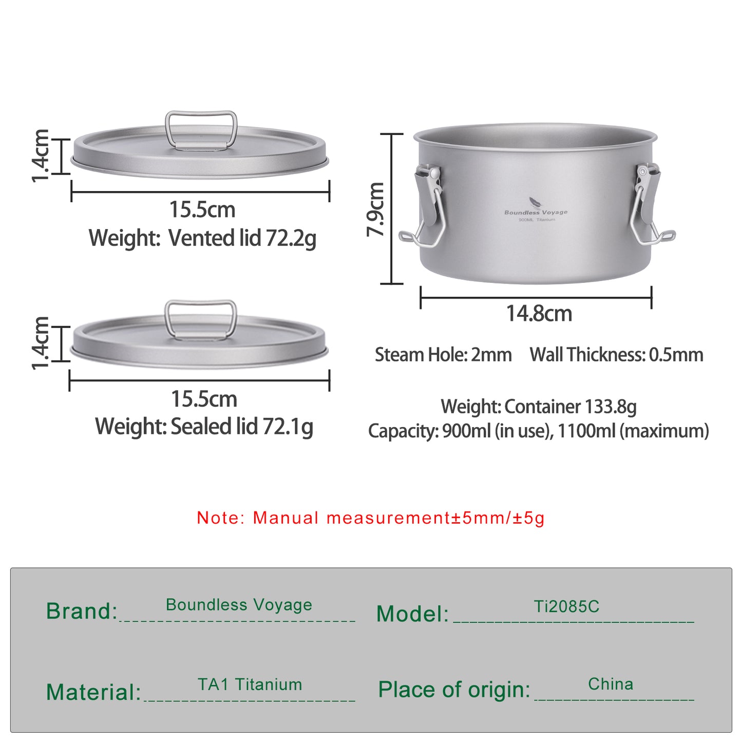 Boundless Voyage Titanium Multi-Functional Food Storage Container Portable Steamer with Sealed Lid and Vent Lid for Camping Hiking Traveling Outdoor Picnic Ti2085C-Ti2086C
