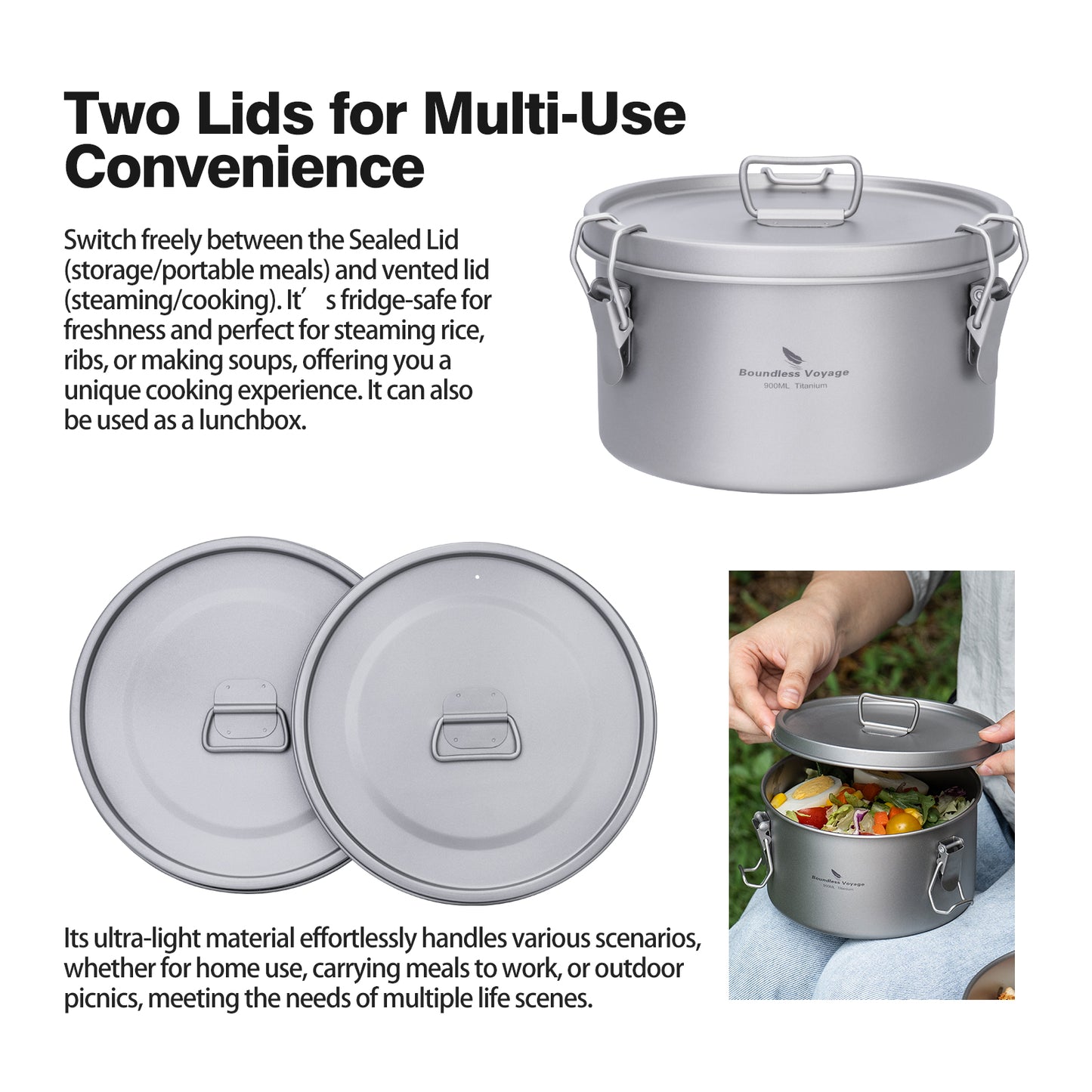 Boundless Voyage Titanium Multi-Functional Food Storage Container Portable Steamer with Sealed Lid and Vent Lid for Camping Hiking Traveling Outdoor Picnic Ti2085C-Ti2086C