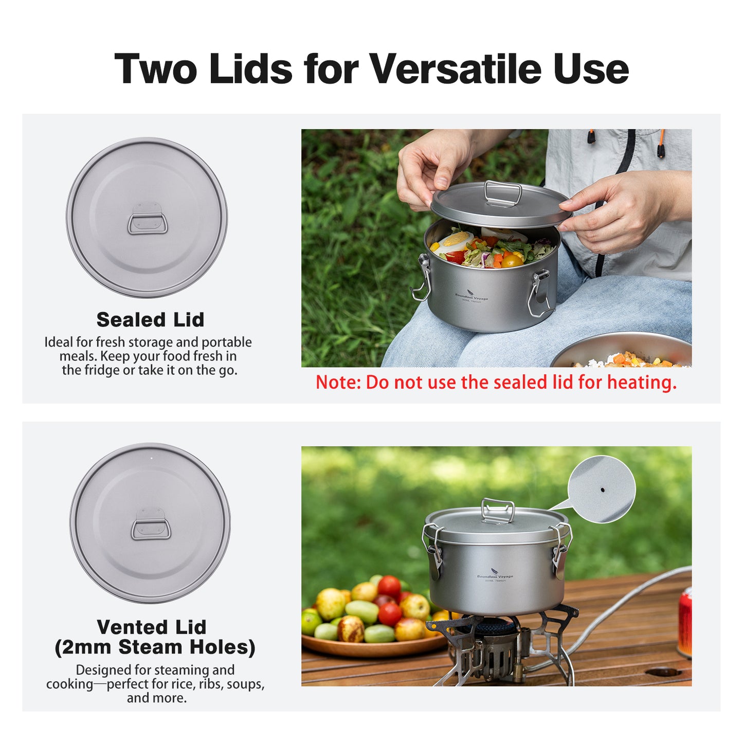 Boundless Voyage Titanium Multi-Functional Food Storage Container Portable Steamer with Sealed Lid and Vent Lid for Camping Hiking Traveling Outdoor Picnic Ti2085C-Ti2086C