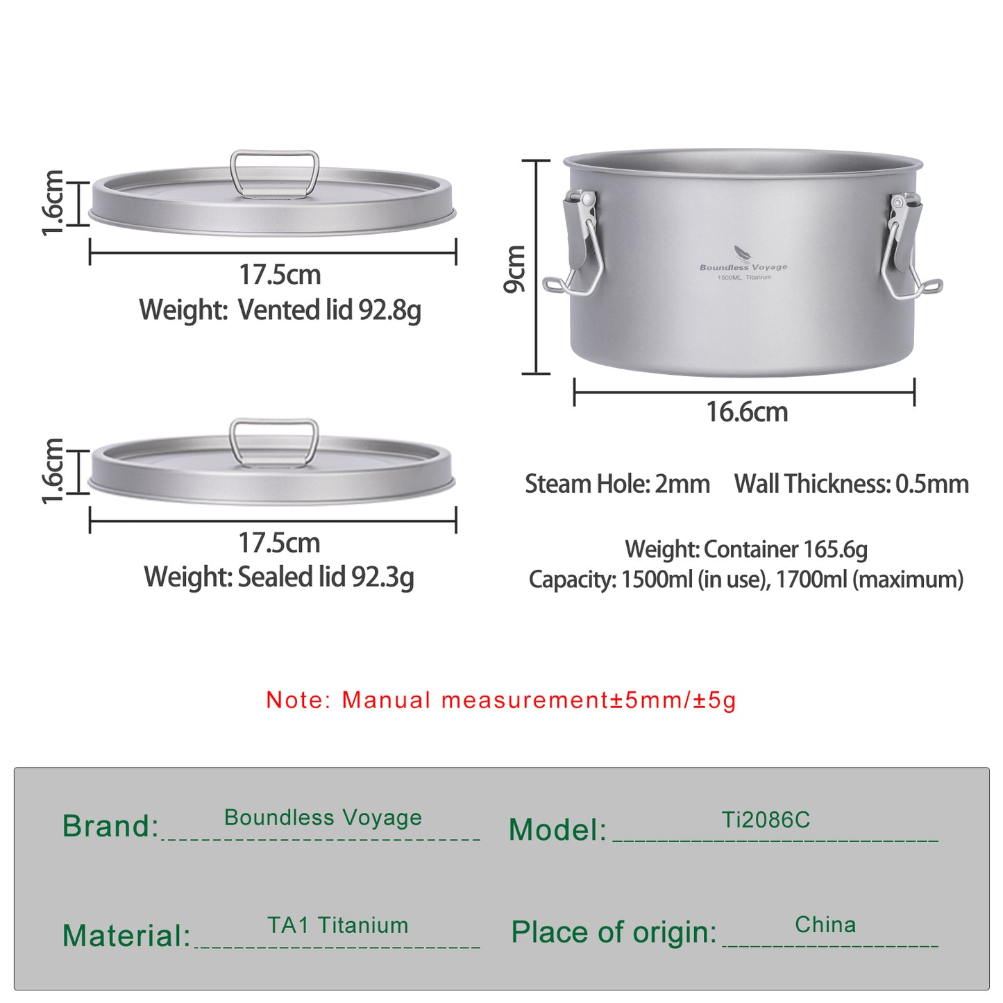 Boundless Voyage Titanium Multi-Functional Food Storage Container Portable Steamer with Sealed Lid and Vent Lid for Camping Hiking Traveling Outdoor Picnic Ti2085C-Ti2086C