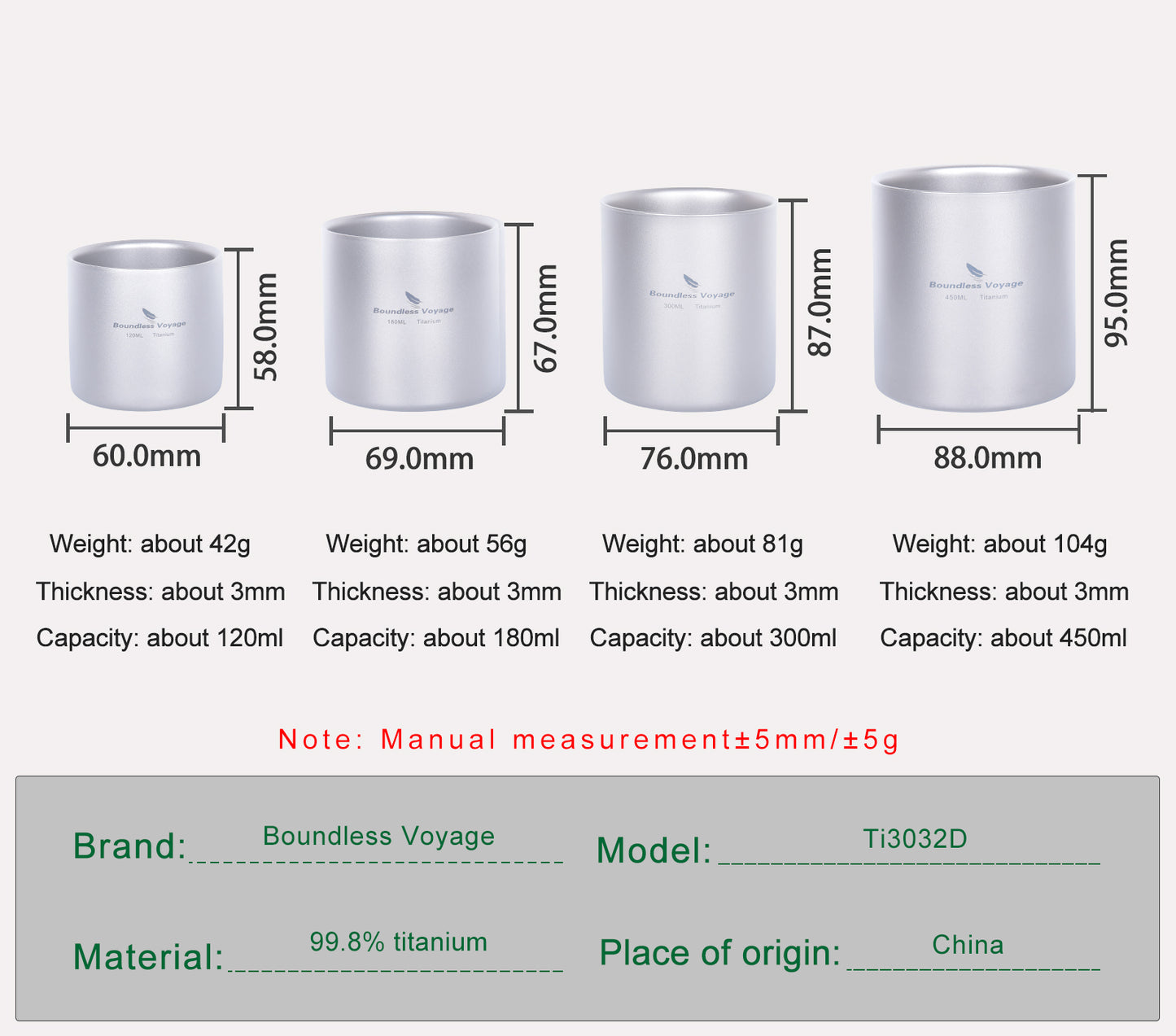 Boundless Voyage Pure Titanium Double-Walled Cup | 120ml/180ml/300ml/450ml Ultralight Anti-Scald Insulated Coffee Mug, Non-Toxic Travel Cup for Camping, Hiking, Home & Office Ti3027D-Ti3032D