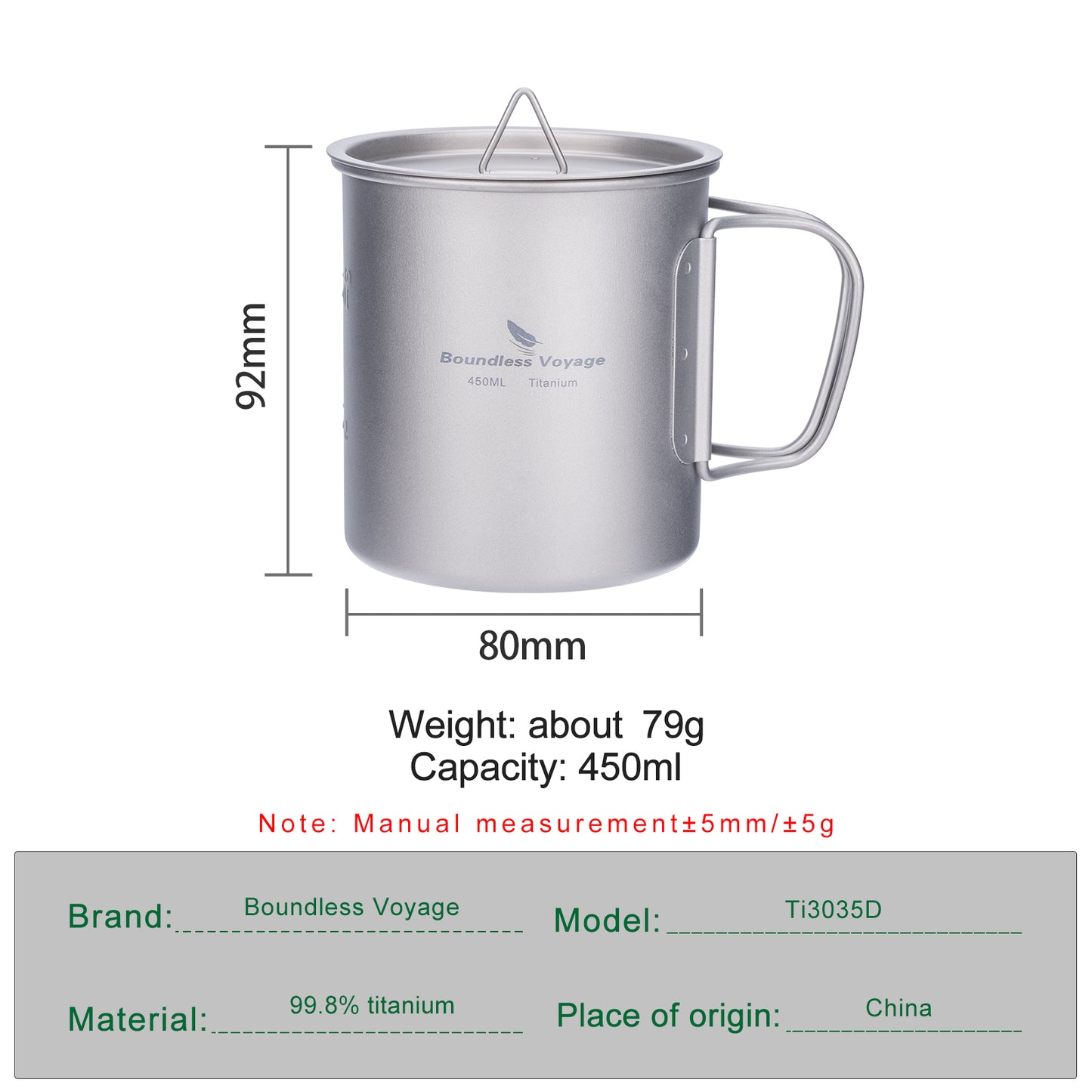 Boundless Voyage 450ml Single Wall Titanium Cup with Lid | Ultralight Portable Camping Mug for Tea Coffee EDC Hiking Ti3035D