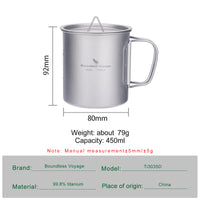 Boundless Voyage 450ml Single Wall Titanium Cup with Lid | Ultralight Portable Camping Mug for Tea Coffee EDC Hiking Ti3035D