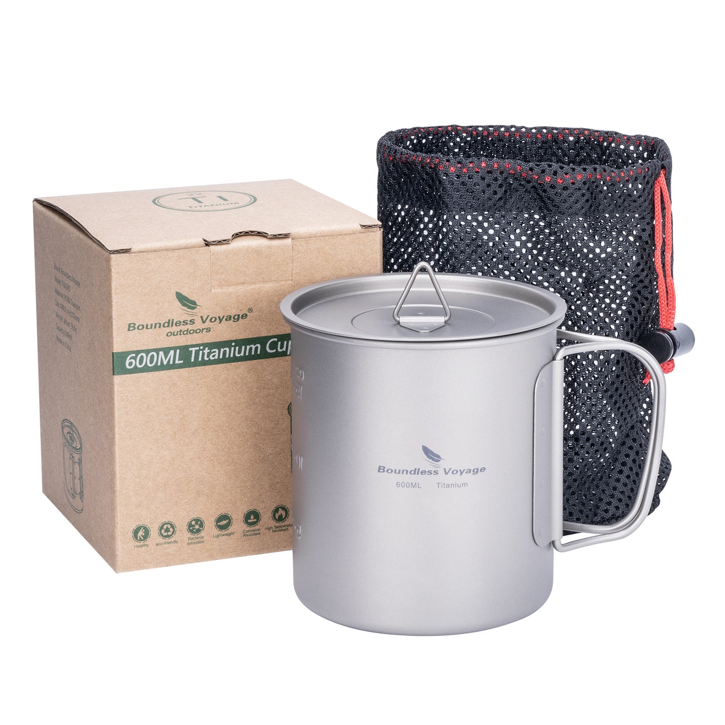 Boundless Voyage 600ml Single Wall Titanium Cup with Lid | Ultralight Portable Camping Mug for Tea Coffee EDC Hiking Ti3036D