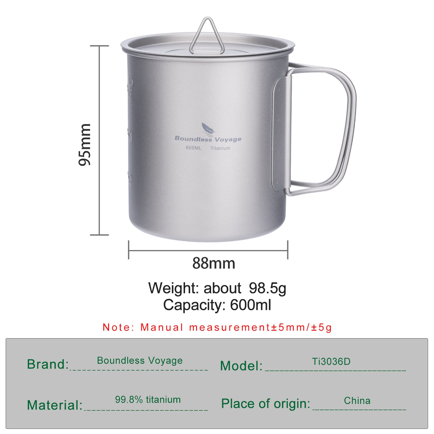 Boundless Voyage 600ml Single Wall Titanium Cup with Lid | Ultralight Portable Camping Mug for Tea Coffee EDC Hiking Ti3036D