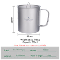 Boundless Voyage 600ml Single Wall Titanium Cup with Lid | Ultralight Portable Camping Mug for Tea Coffee EDC Hiking Ti3036D