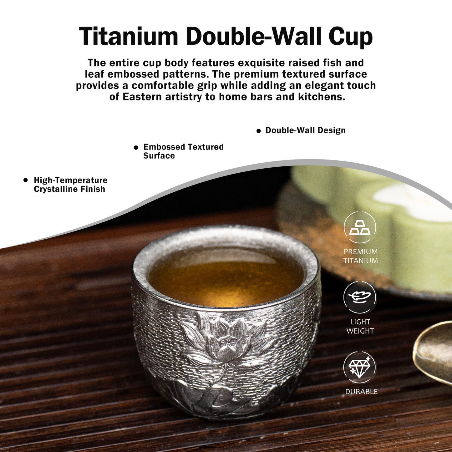 Boundless Voyage Titanium Double-Wall Cup Embossed Pattern, 50ml 100ml for Tea Whisky Home Bar Ti3081A Ti3081B