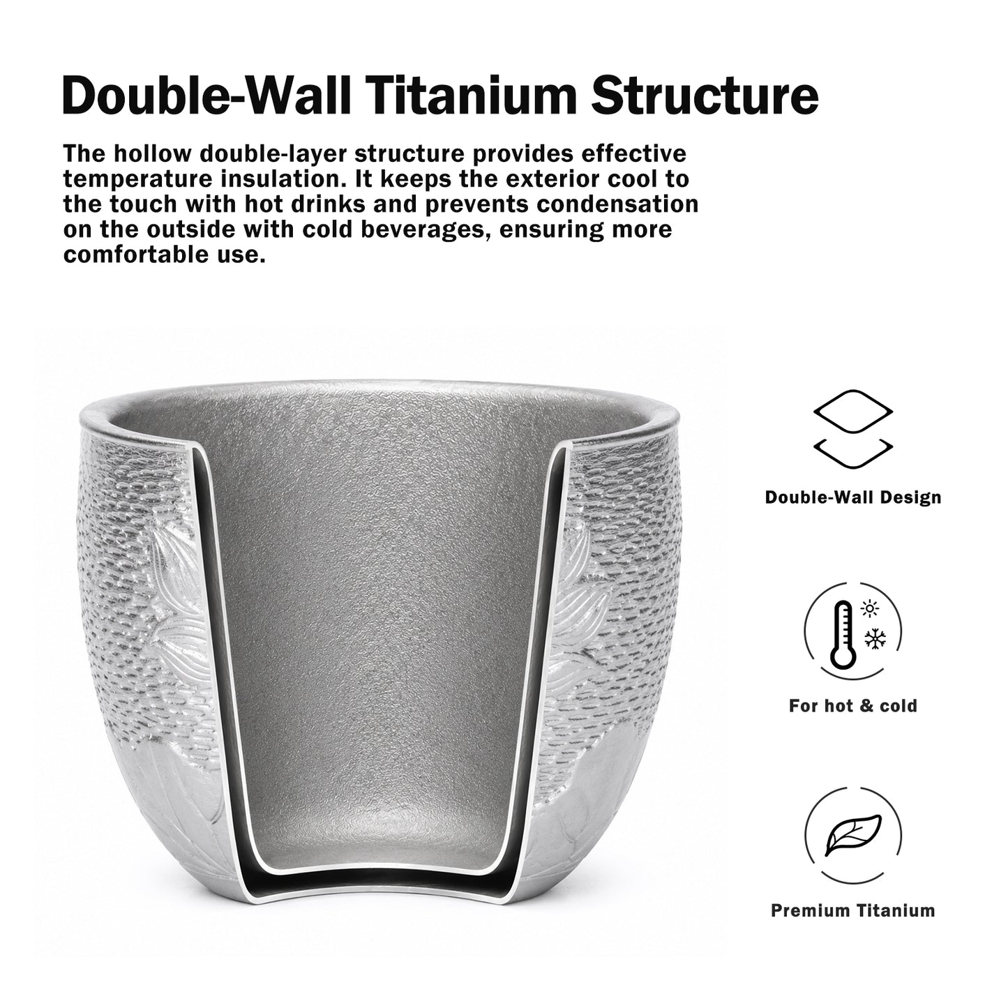 Boundless Voyage Titanium Double-Wall Cup Embossed Pattern, 50ml 100ml for Tea Whisky Home Bar Ti3081A Ti3081B
