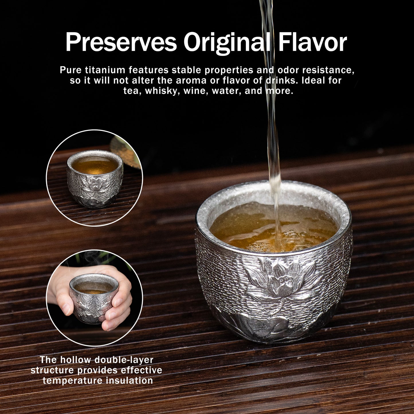 Boundless Voyage Titanium Double-Wall Cup Embossed Pattern, 50ml 100ml for Tea Whisky Home Bar Ti3081A Ti3081B