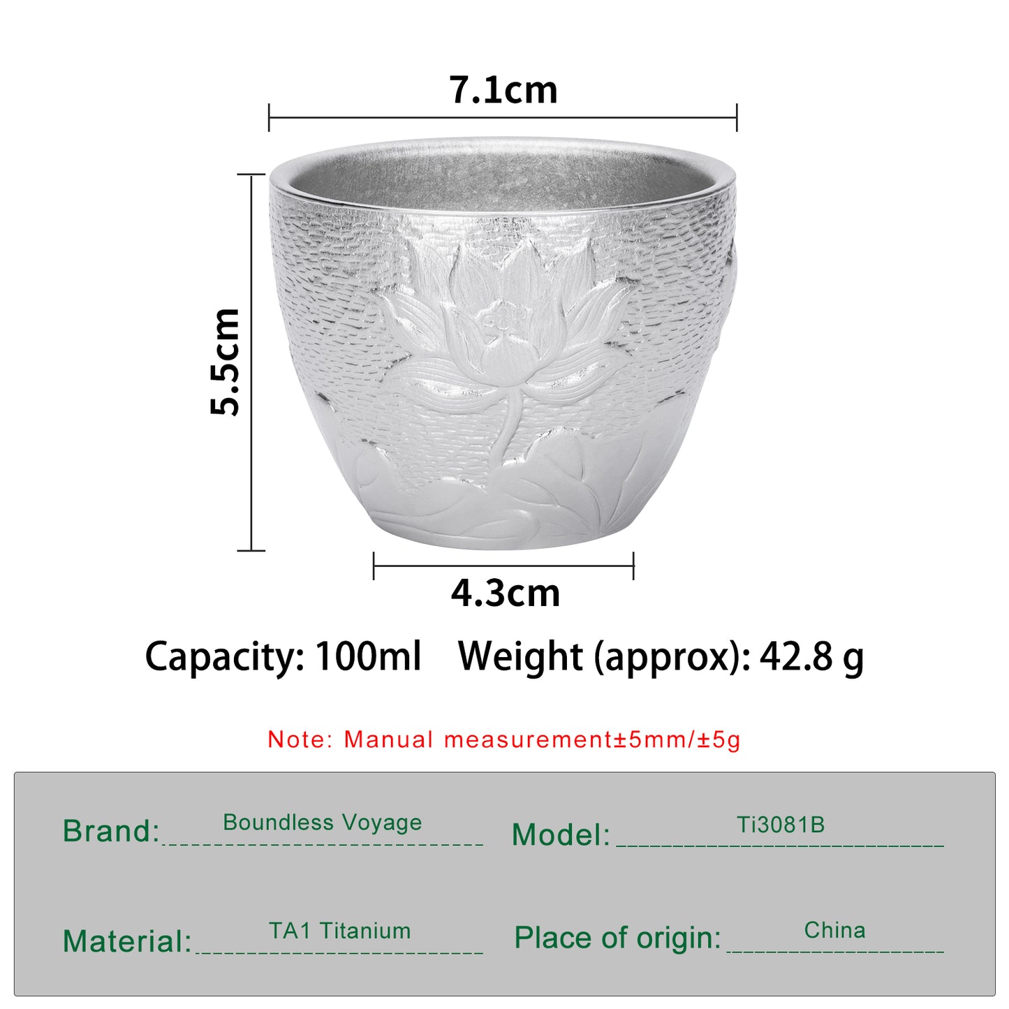 Boundless Voyage Titanium Double-Wall Cup Embossed Pattern, 50ml 100ml for Tea Whisky Home Bar Ti3081A Ti3081B