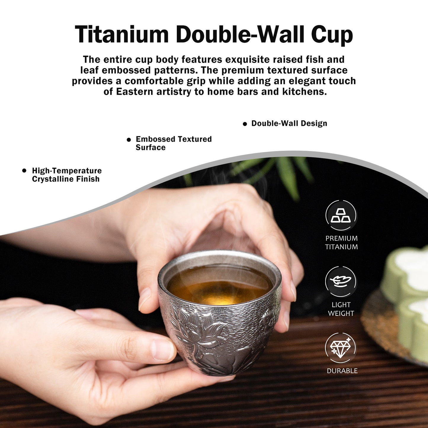 Boundless Voyage Titanium Double-Wall Cup Embossed Pattern, 50ml 100ml for Tea Whisky Home Bar Ti3081A Ti3081B