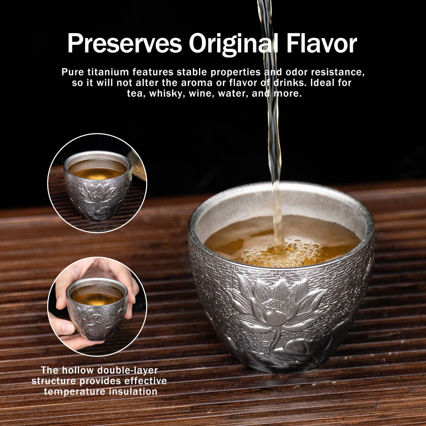 Boundless Voyage Titanium Double-Wall Cup Embossed Pattern, 50ml 100ml for Tea Whisky Home Bar Ti3081A Ti3081B