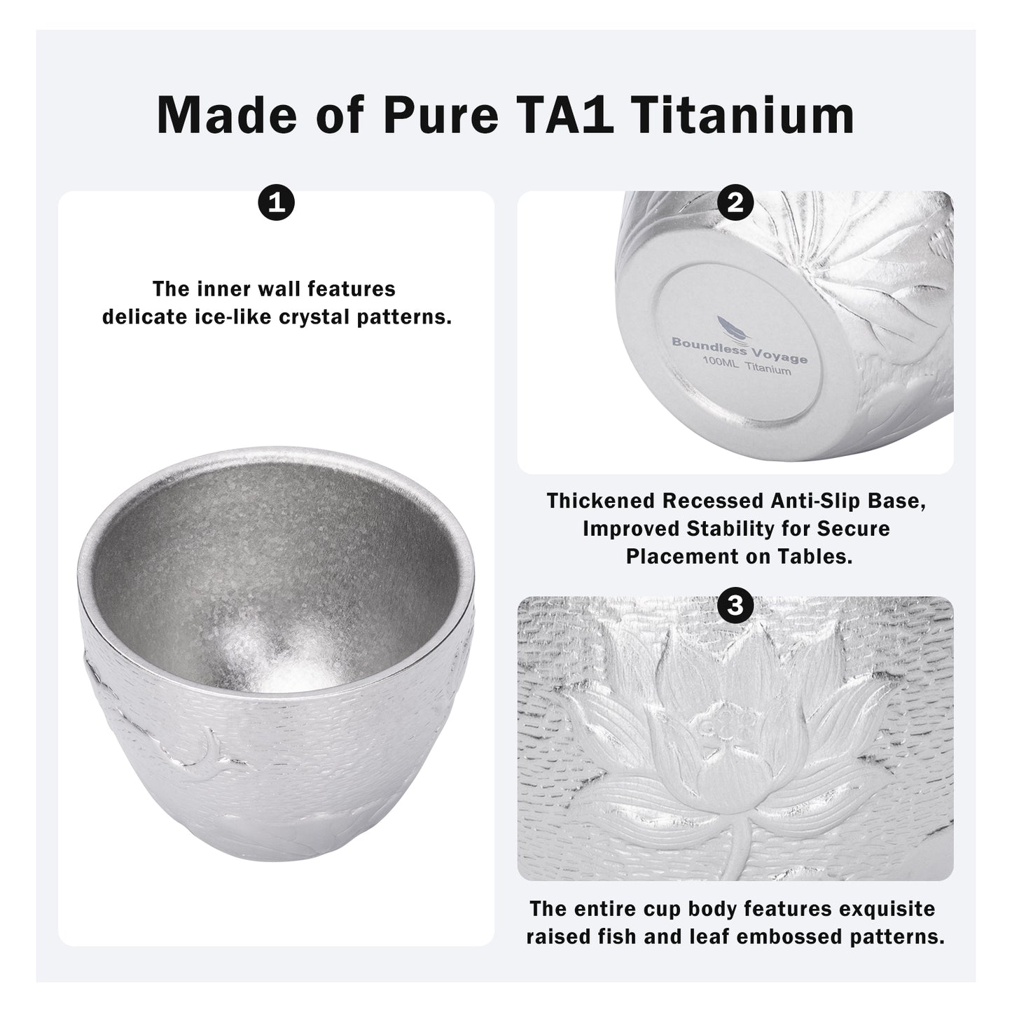 Boundless Voyage Titanium Double-Wall Cup Embossed Pattern, 50ml 100ml for Tea Whisky Home Bar Ti3081A Ti3081B